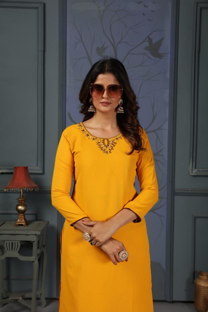Jyoti Fashion Women's Yellow Cotton Handwork Designer Kurta Only - Swadesiicart