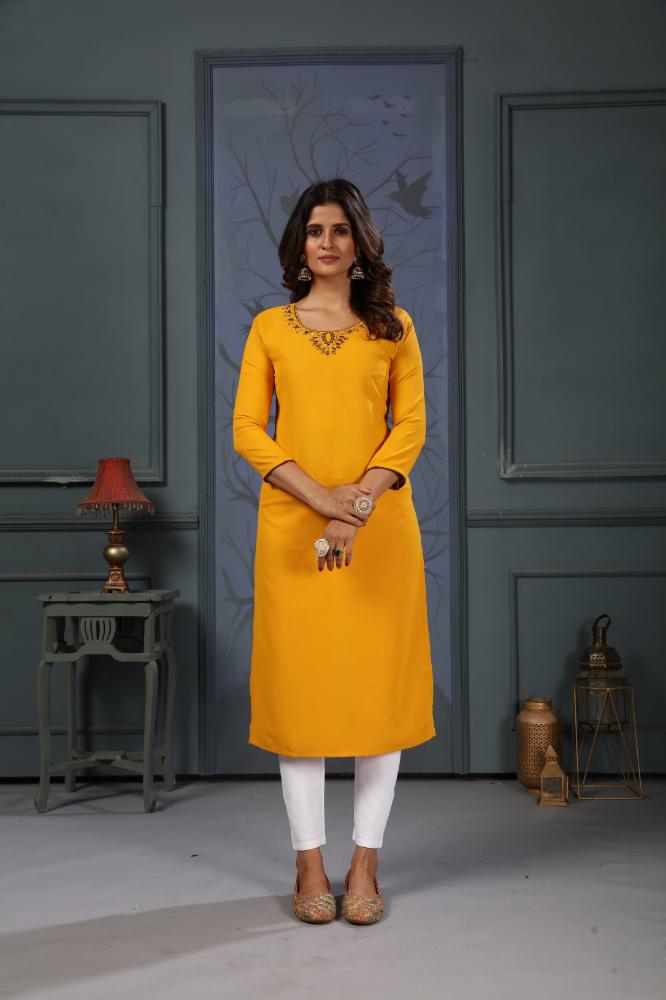 Jyoti Fashion Women's Yellow Cotton Handwork Designer Kurta Only - Swadesiicart