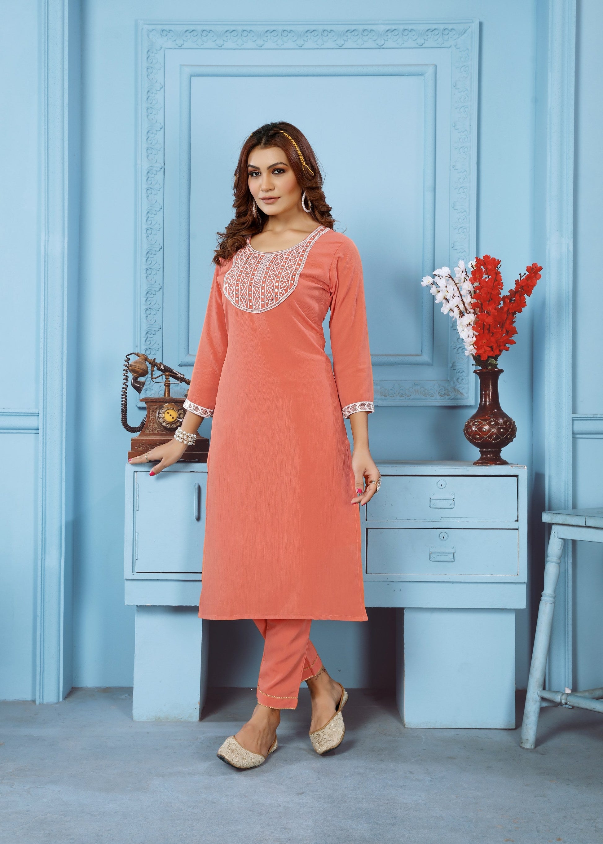 Jyoti Fashion Women's Orange Rinkal Cotton Embroidered Designer Kurta with Bottom | Swadesiicart