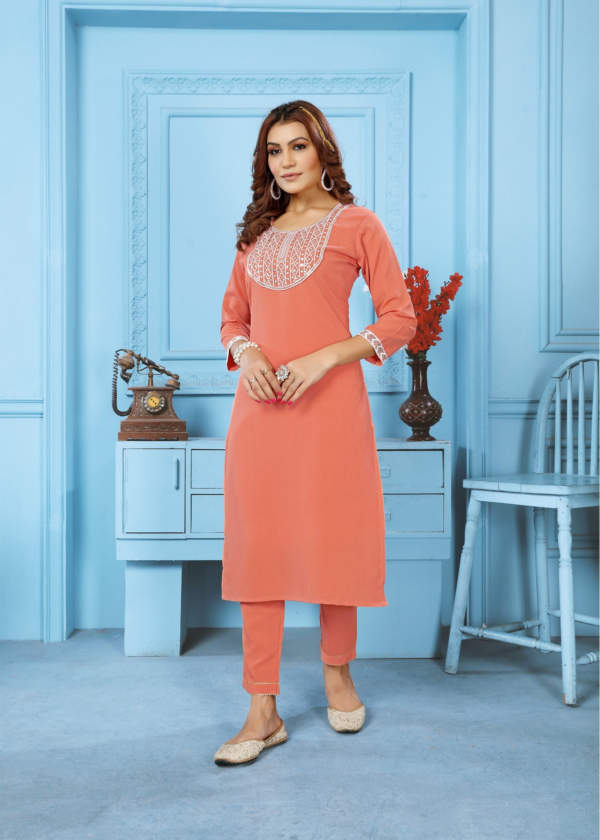 Jyoti Fashion Women's Orange Rinkal Cotton Embroidered Designer Kurta with Bottom | Swadesiicart