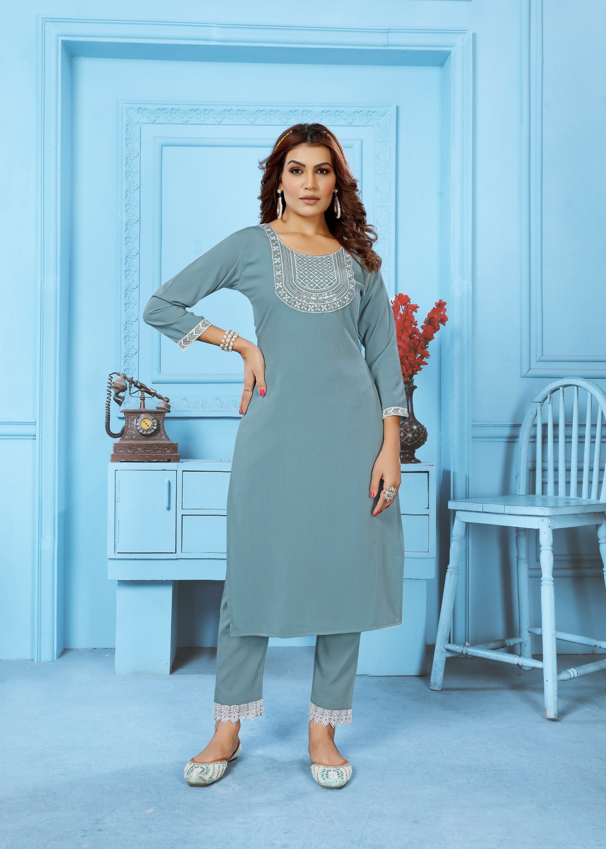 Jyoti Fashion Women's Grey Rinkal Cotton Embroidered Designer Kurta with Bottom | Swadesiicart
