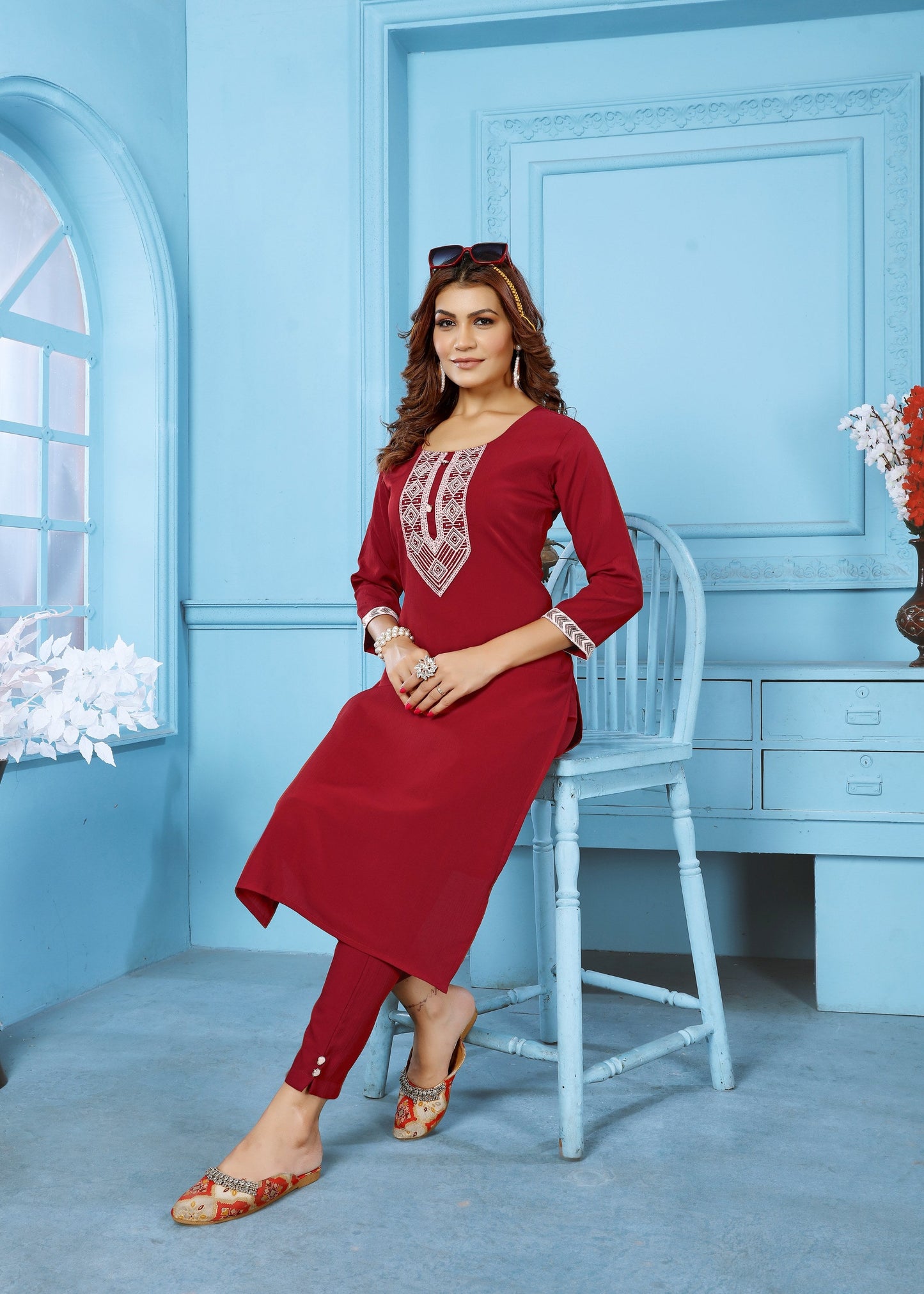 Jyoti Fashion Women's Maroon Rinkal Cotton Embroidered Designer Kurta with Bottom | Swadesiicart