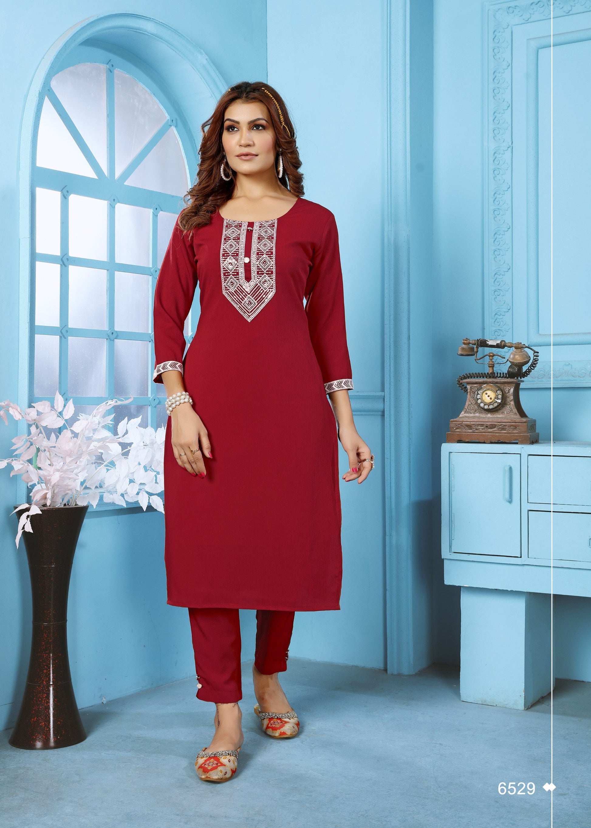 Jyoti Fashion Women's Maroon Rinkal Cotton Embroidered Designer Kurta with Bottom | Swadesiicart