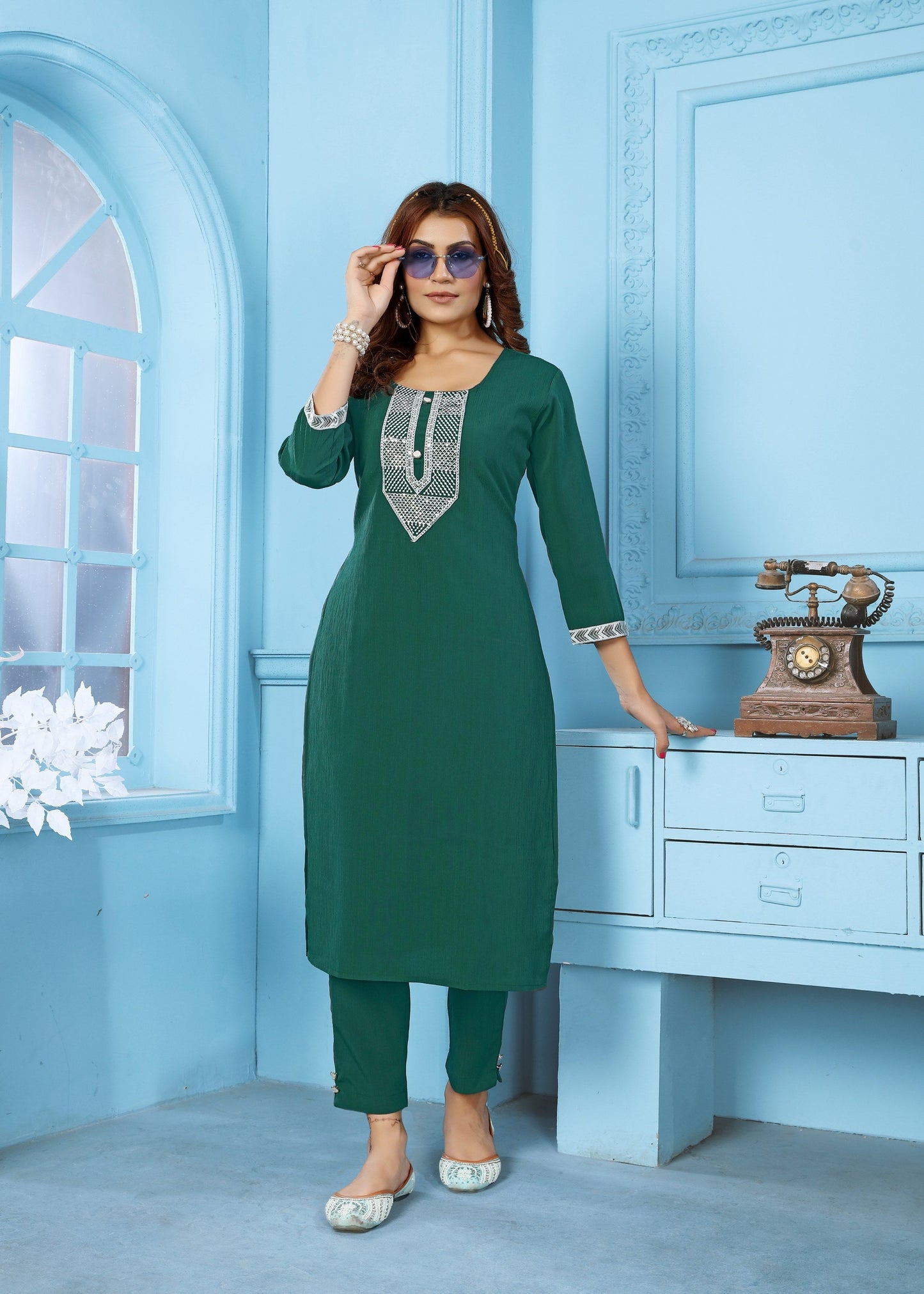 Jyoti Fashion Women's Bottle Green Rinkal Cotton Embroidered Designer Kurta with Bottom | Swadesiicart