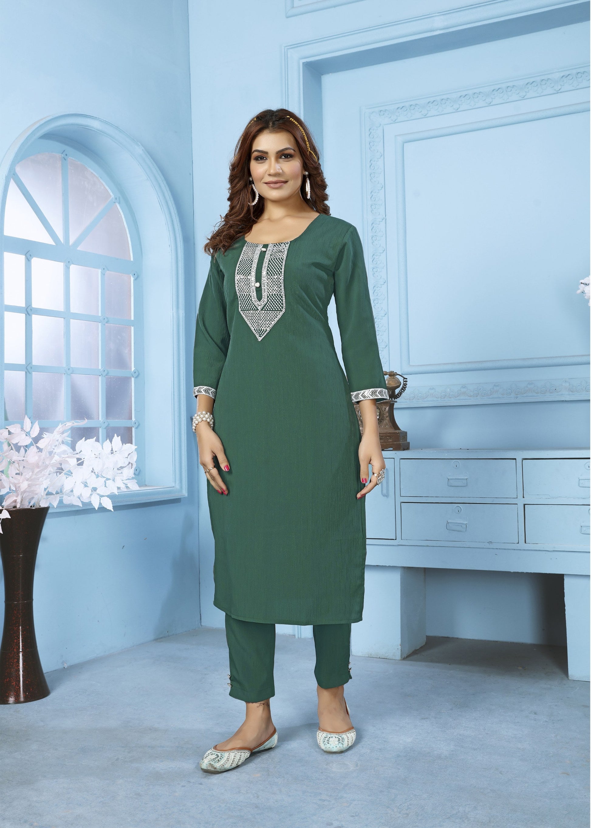 Jyoti Fashion Women's Bottle Green Rinkal Cotton Embroidered Designer Kurta with Bottom | Swadesiicart