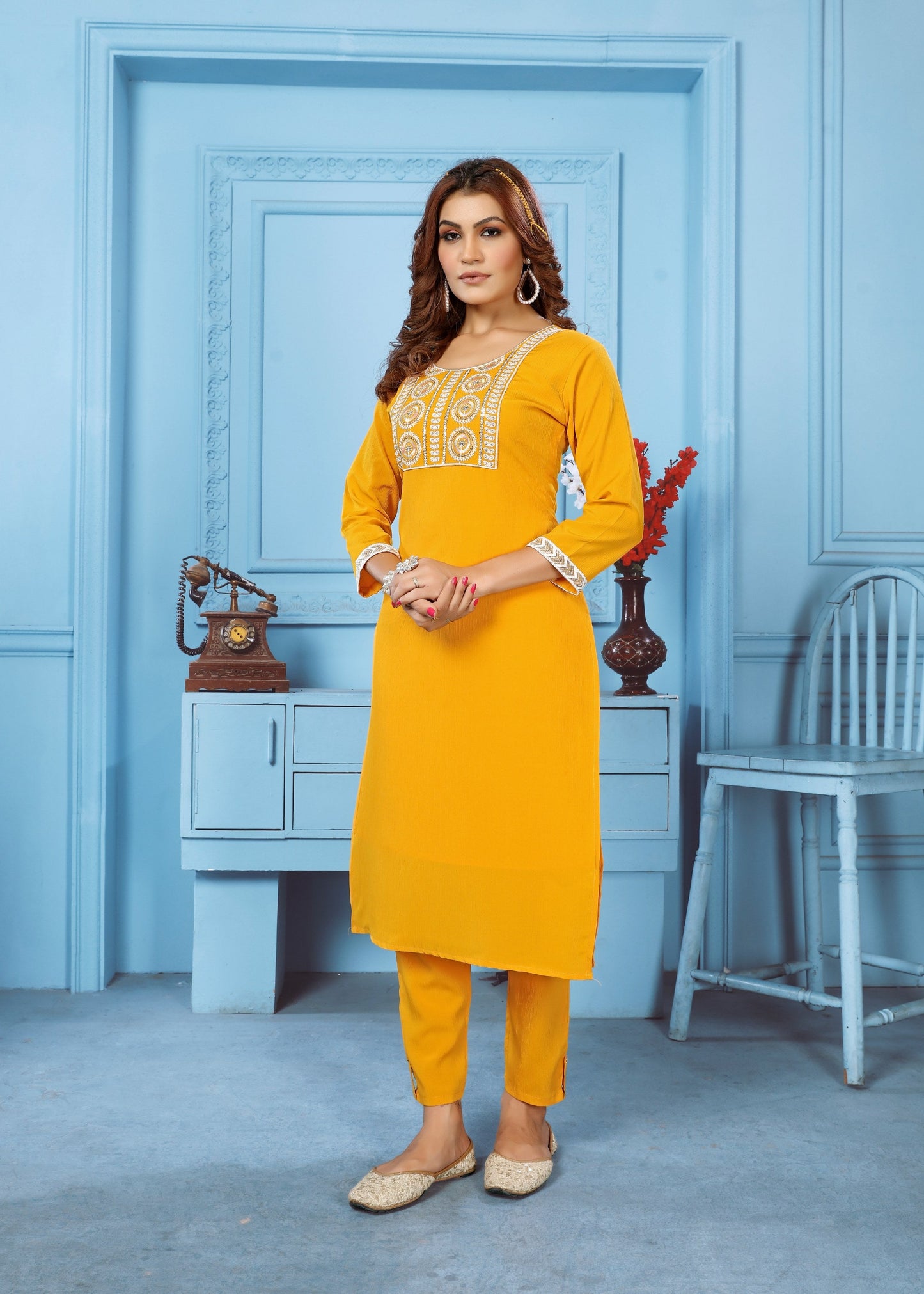 Jyoti Fashion Women's Yellow Rinkal Cotton Embroidered Designer Kurta with Bottom | Swadesiicart