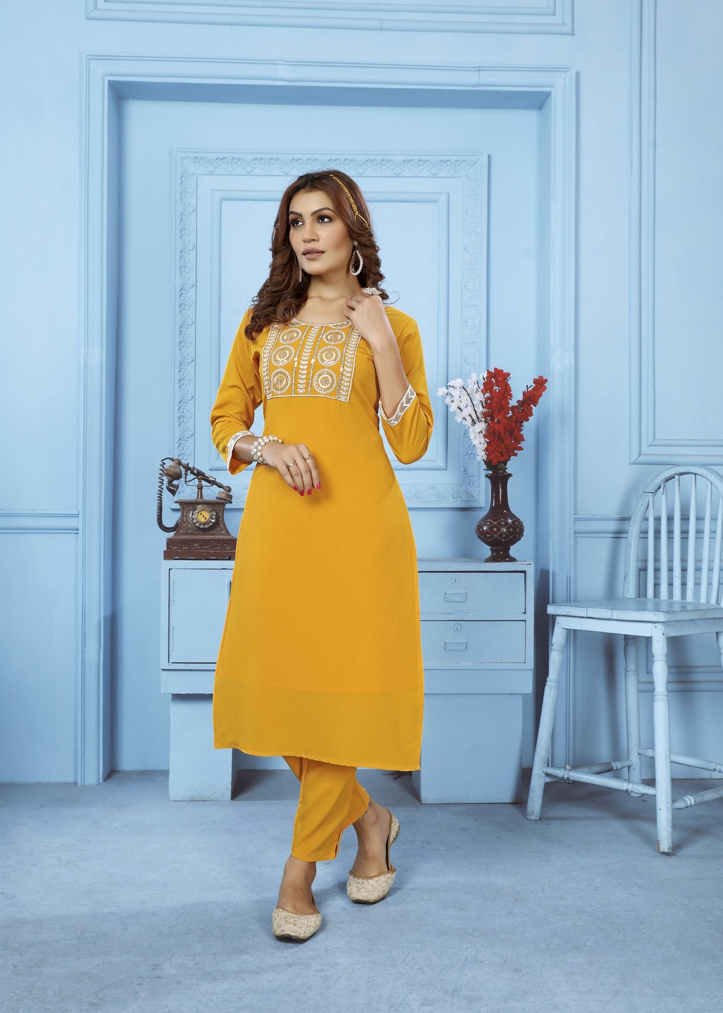 Jyoti Fashion Women's Yellow Rinkal Cotton Embroidered Designer Kurta with Bottom | Swadesiicart