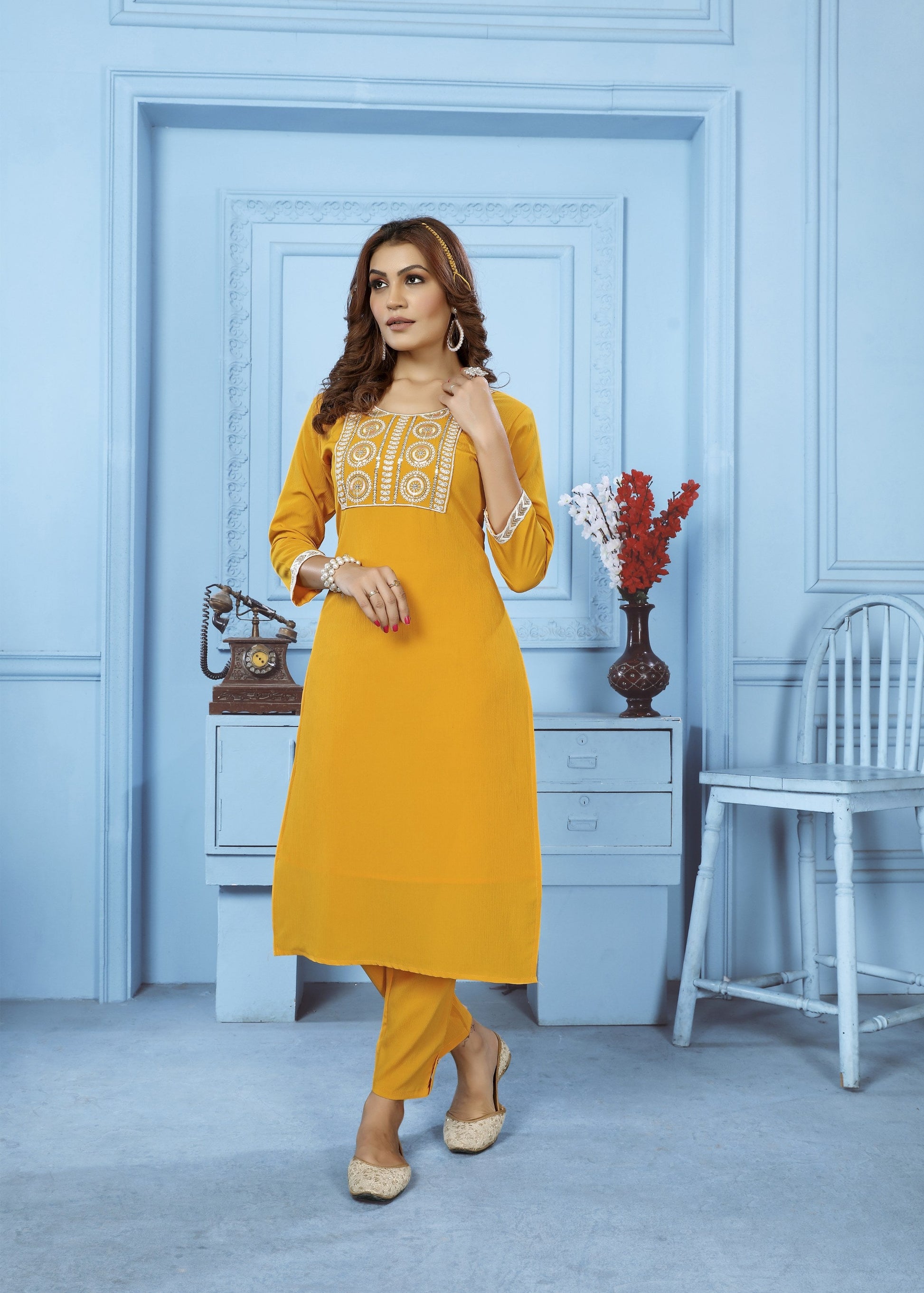 Jyoti Fashion Women's Yellow Rinkal Cotton Embroidered Designer Kurta with Bottom | Swadesiicart
