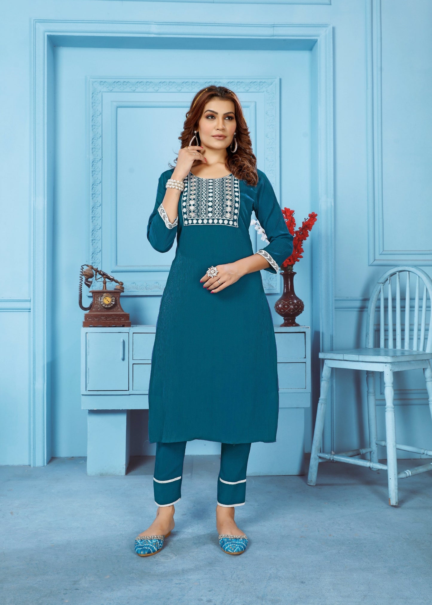 Jyoti Fashion Women's Teal Rinkal Cotton Embroidered Designer Kurta with Bottom | Swadesiicart