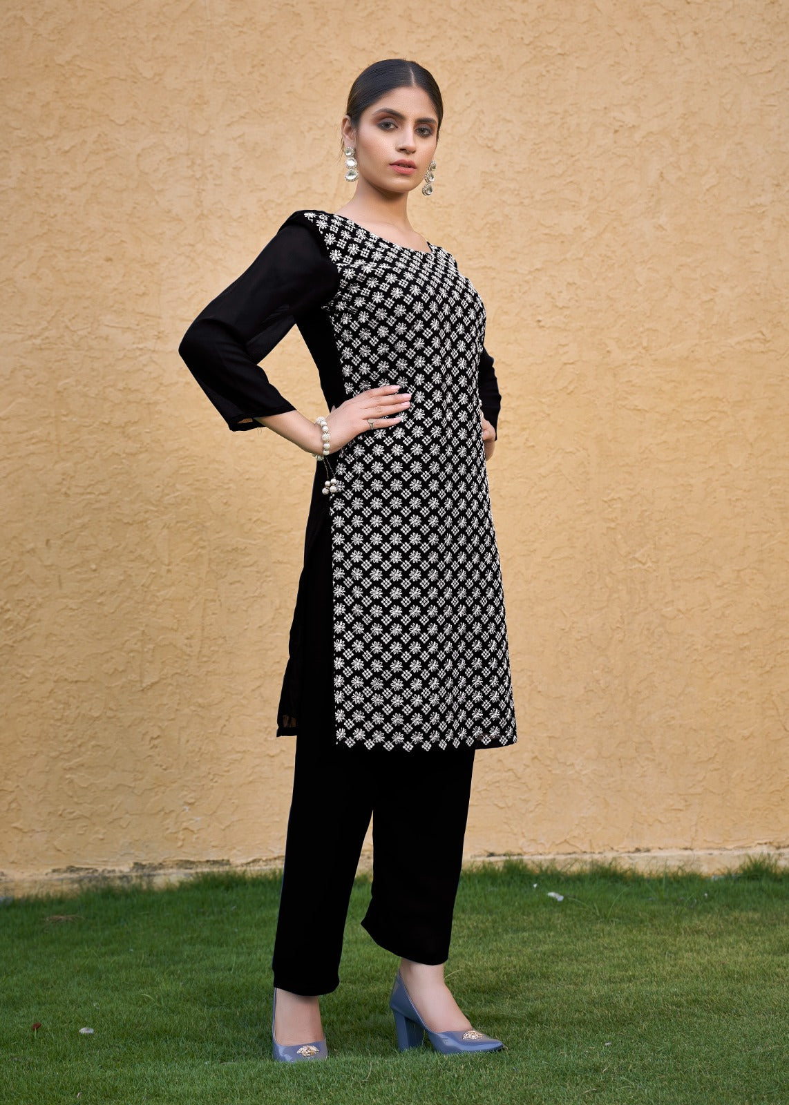 Jyoti Fashion Women's Black Faux Georgette Chikan Embroidery Designer Kurta with Bottom | Swadesiicart