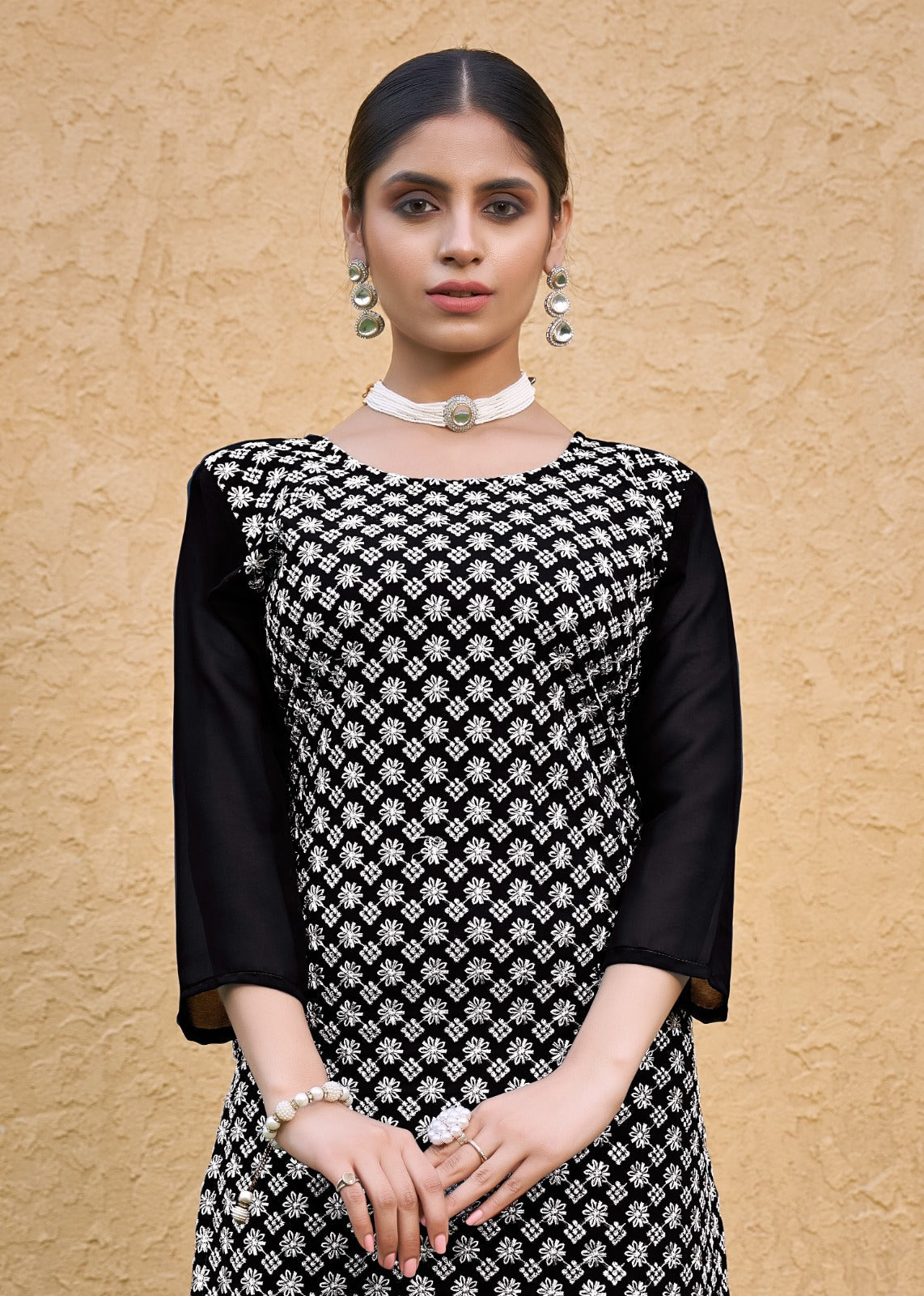 Jyoti Fashion Women's Black Faux Georgette Chikan Embroidery Designer Kurta with Bottom | Swadesiicart
