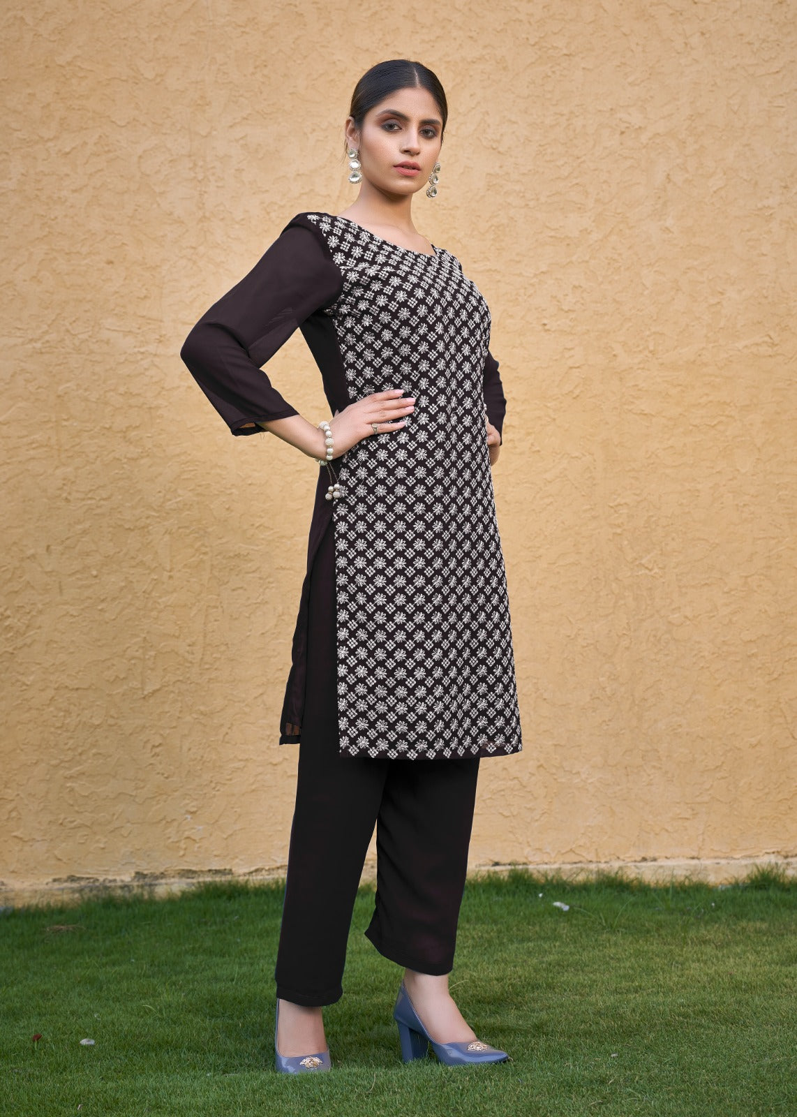 Jyoti Fashion Women's Coffee Faux Georgette Chikan Embroidery Designer Kurta with Bottom | Swadesiicart