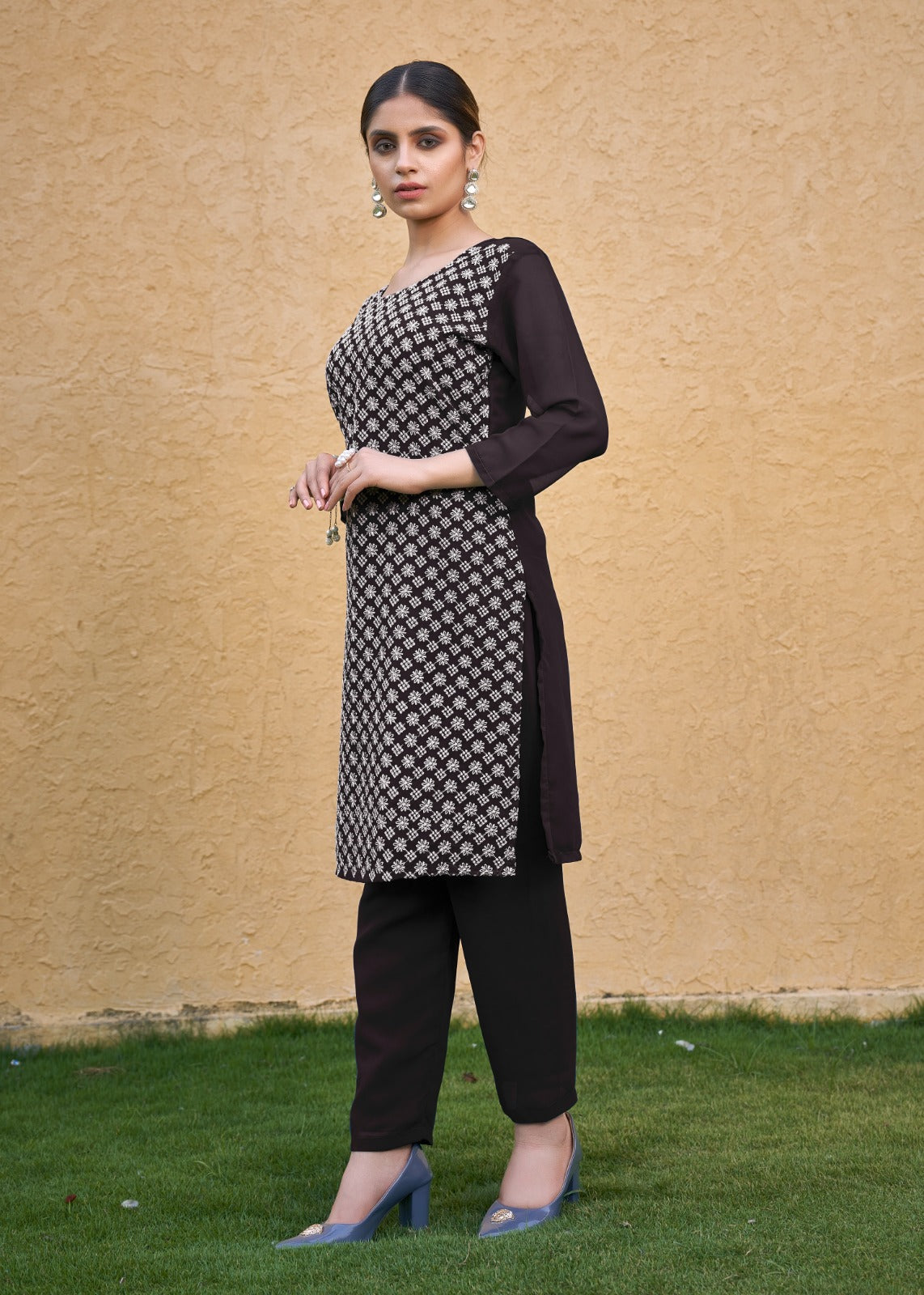 Jyoti Fashion Women's Coffee Faux Georgette Chikan Embroidery Designer Kurta with Bottom | Swadesiicart