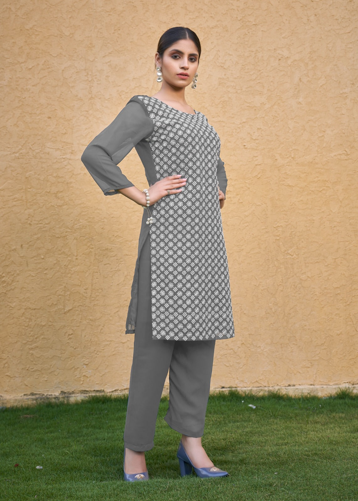 Jyoti Fashion Women's Grey Faux Georgette Chikan Embroidery Designer Kurta with Bottom | Swadesiicart