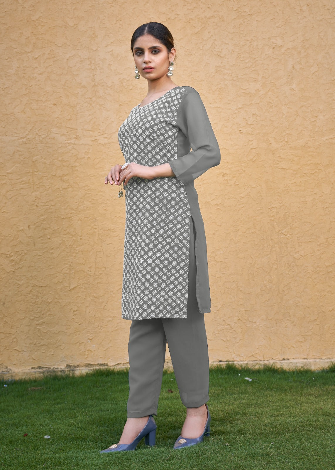 Jyoti Fashion Women's Grey Faux Georgette Chikan Embroidery Designer Kurta with Bottom | Swadesiicart