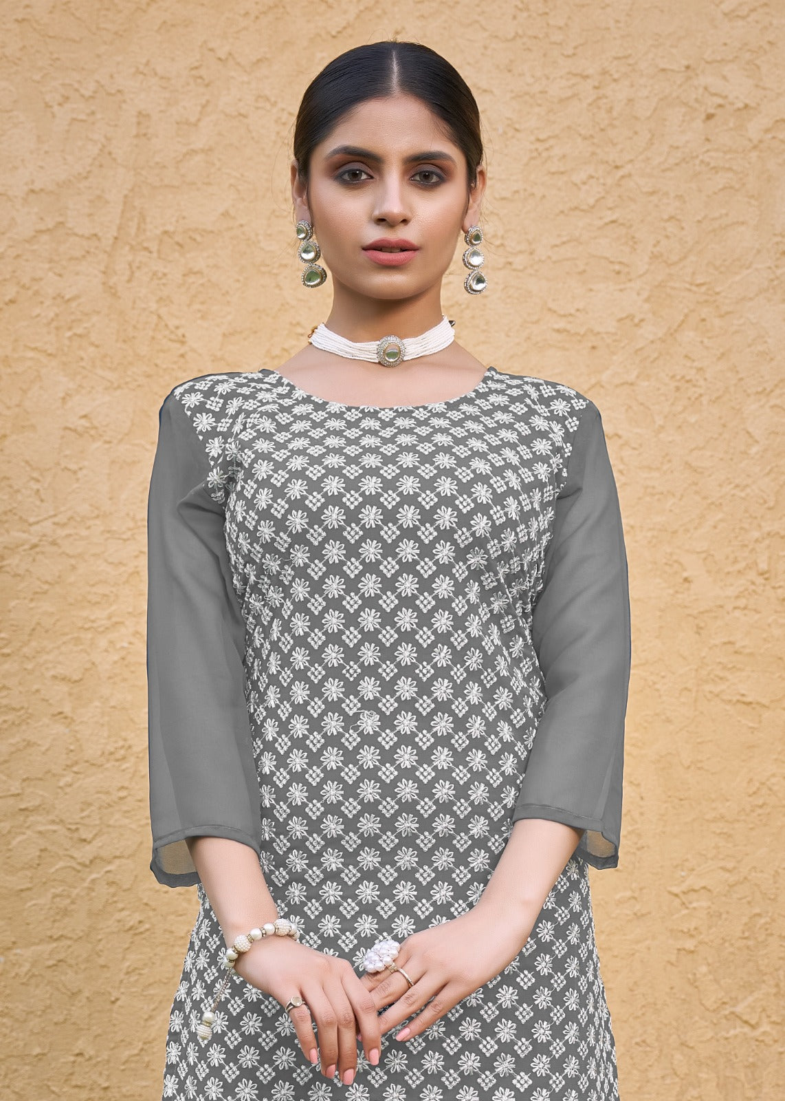 Jyoti Fashion Women's Grey Faux Georgette Chikan Embroidery Designer Kurta with Bottom | Swadesiicart