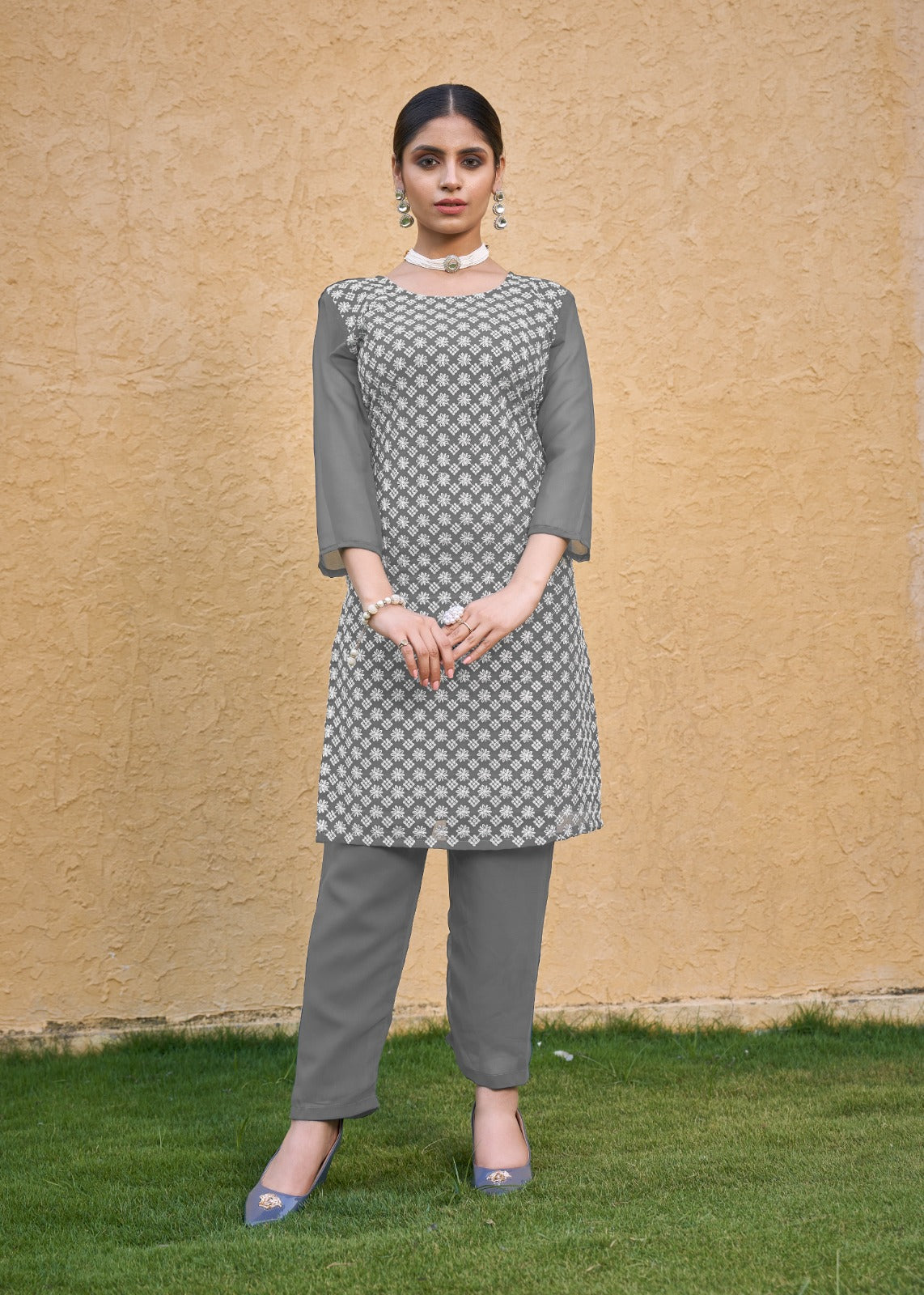 Jyoti Fashion Women's Grey Faux Georgette Chikan Embroidery Designer Kurta with Bottom | Swadesiicart
