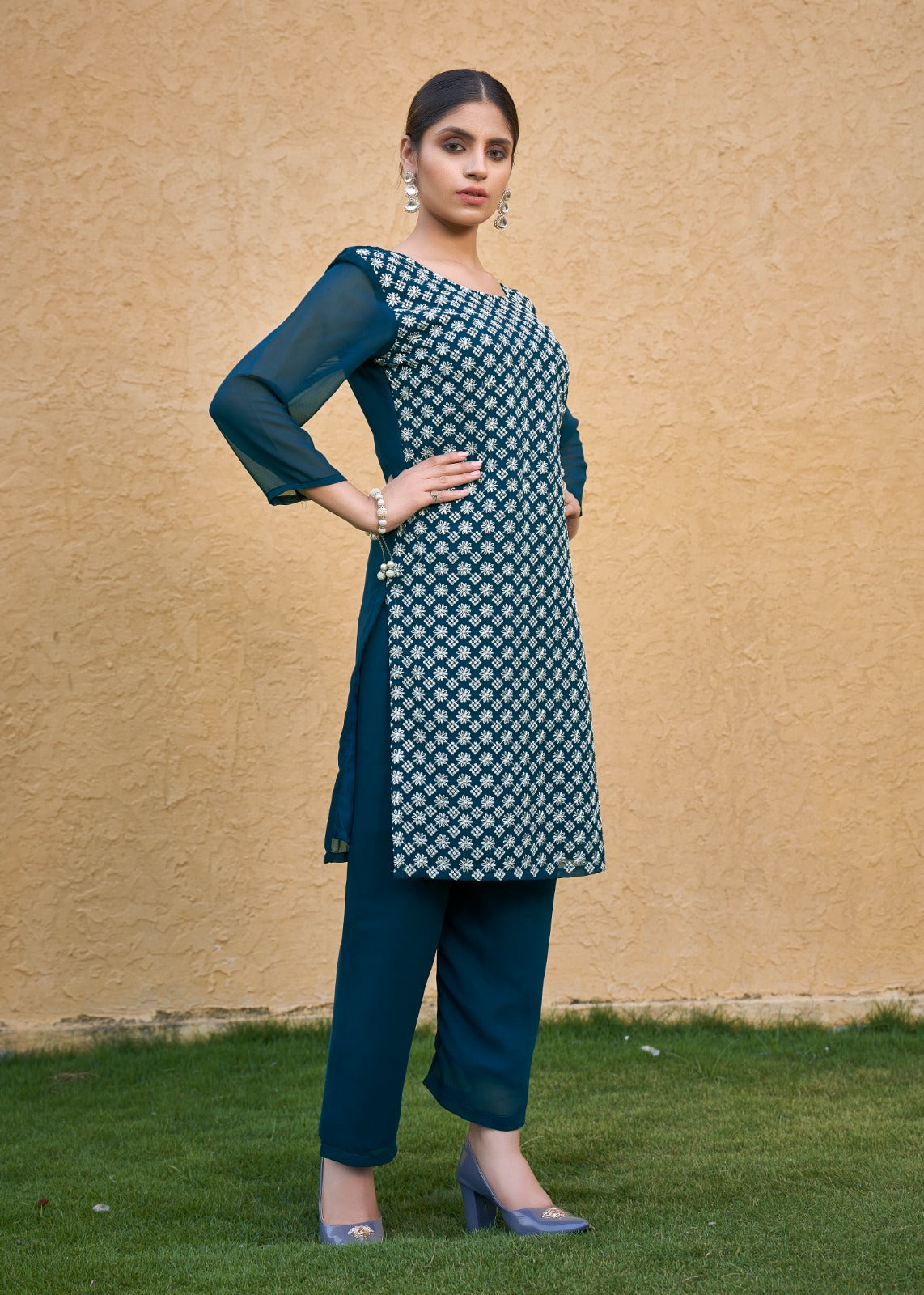 Jyoti Fashion Women's Morpich Faux Georgette Chikan Embroidery Designer Kurta with Bottom | Swadesiicart