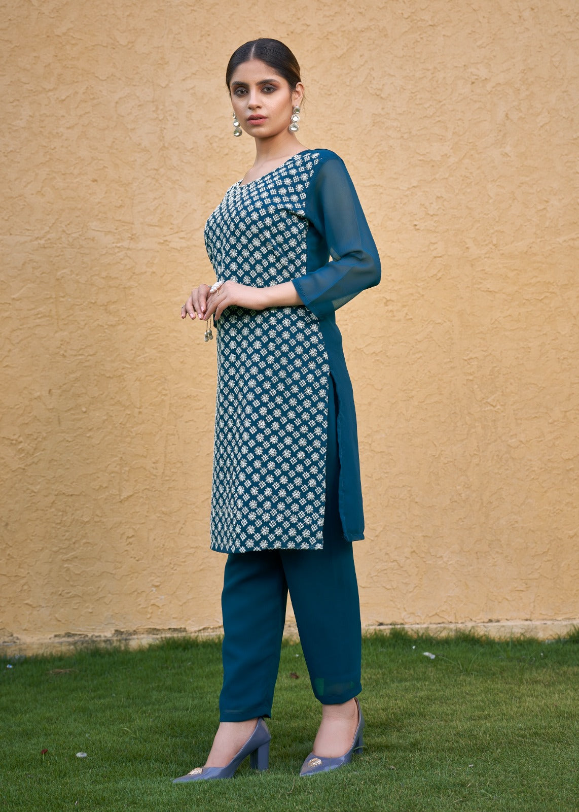 Jyoti Fashion Women's Morpich Faux Georgette Chikan Embroidery Designer Kurta with Bottom | Swadesiicart