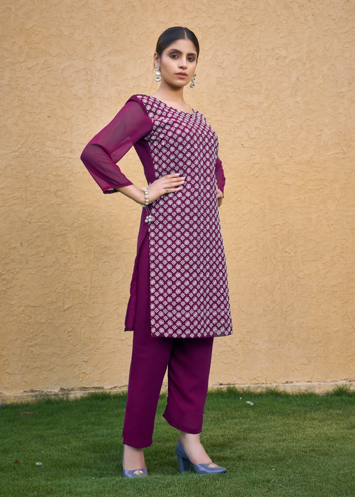 Jyoti Fashion Women's Wine Faux Georgette Chikan Embroidery Designer Kurta with Bottom | Swadesiicart