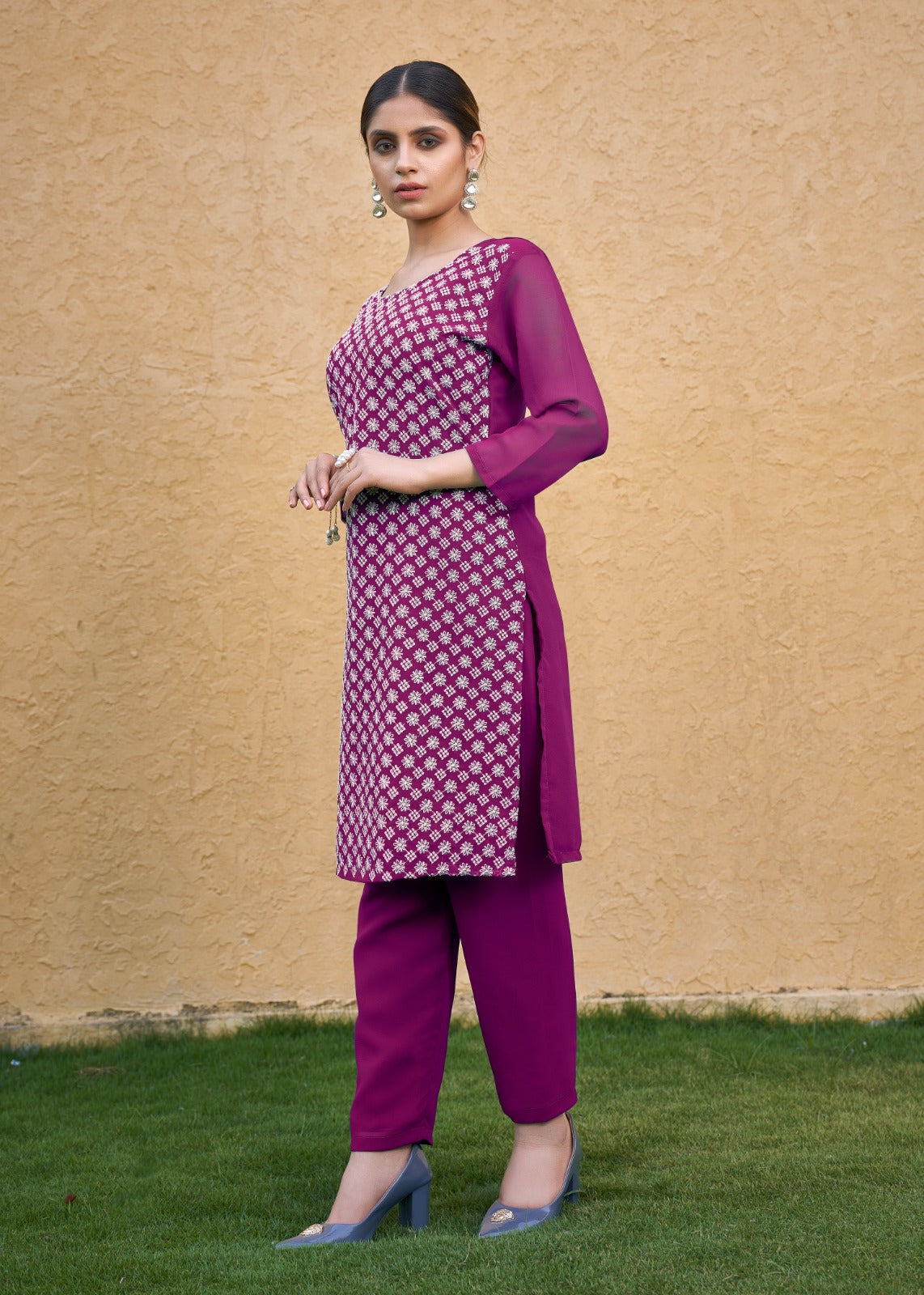 Jyoti Fashion Women's Wine Faux Georgette Chikan Embroidery Designer Kurta with Bottom | Swadesiicart