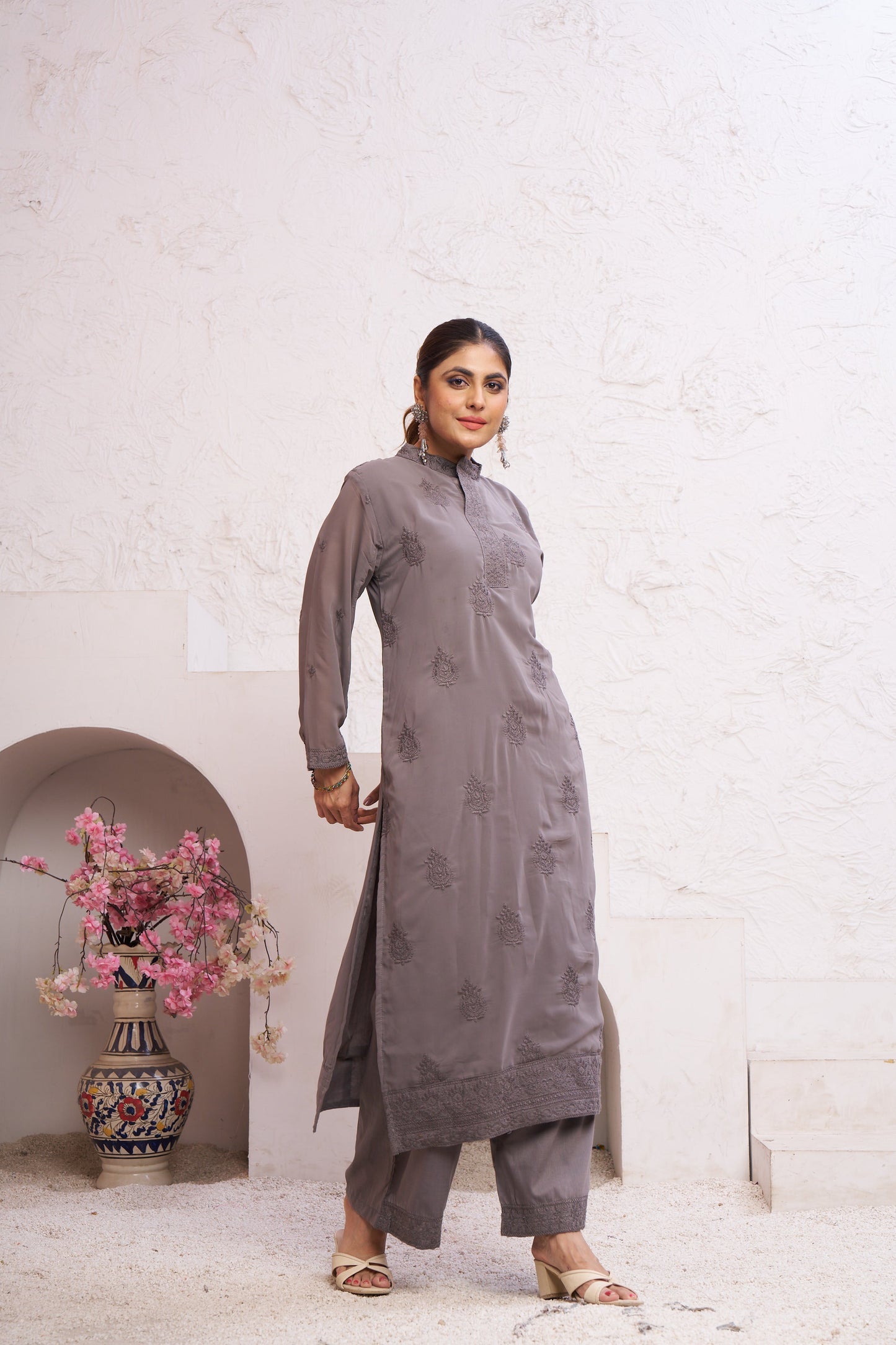 Jyoti Fashion Women's Grey Faux Georgette Embroidered Designer Kurta with Bottom | Swadesiicart