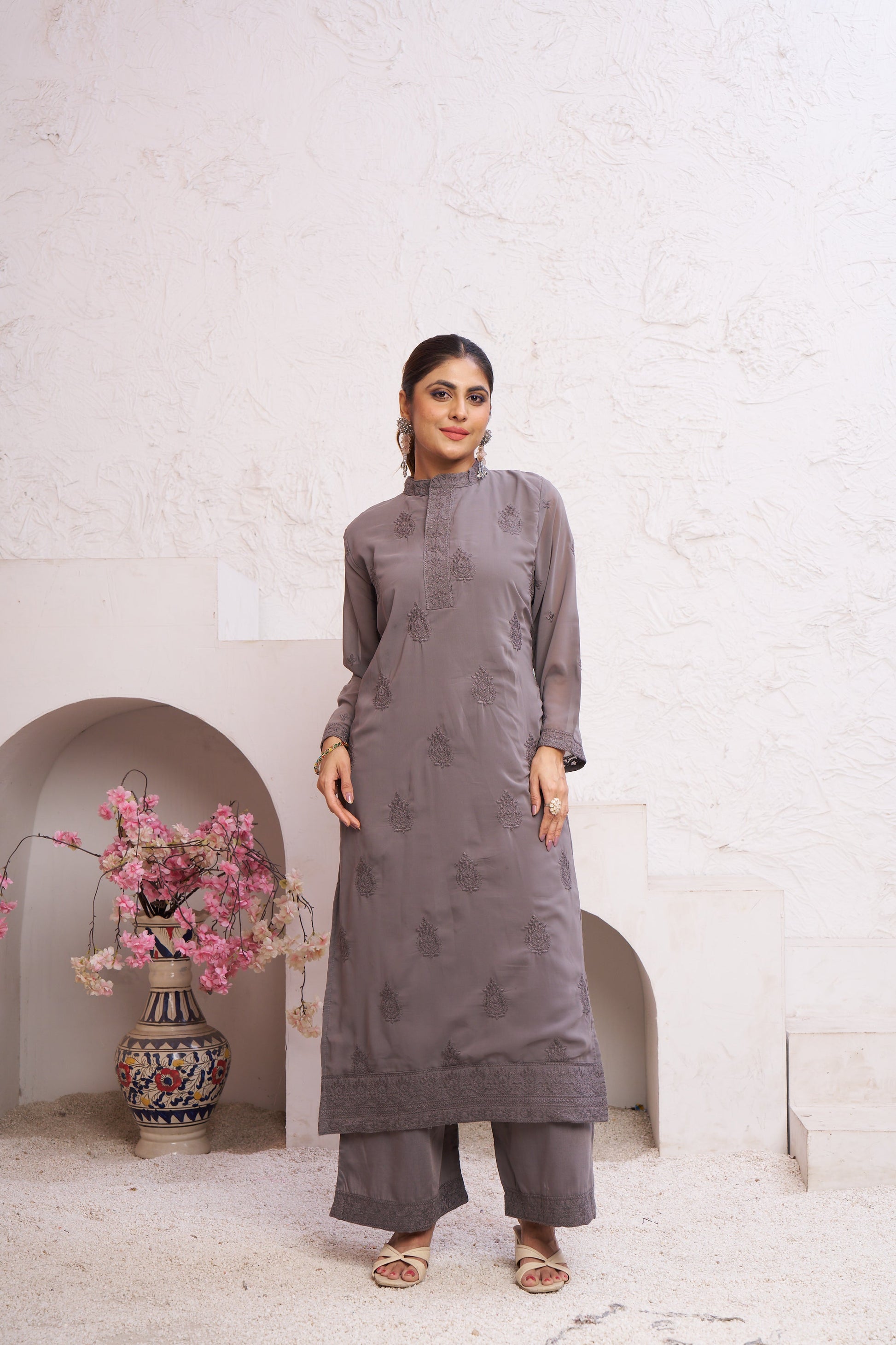 Jyoti Fashion Women's Grey Faux Georgette Embroidered Designer Kurta with Bottom | Swadesiicart
