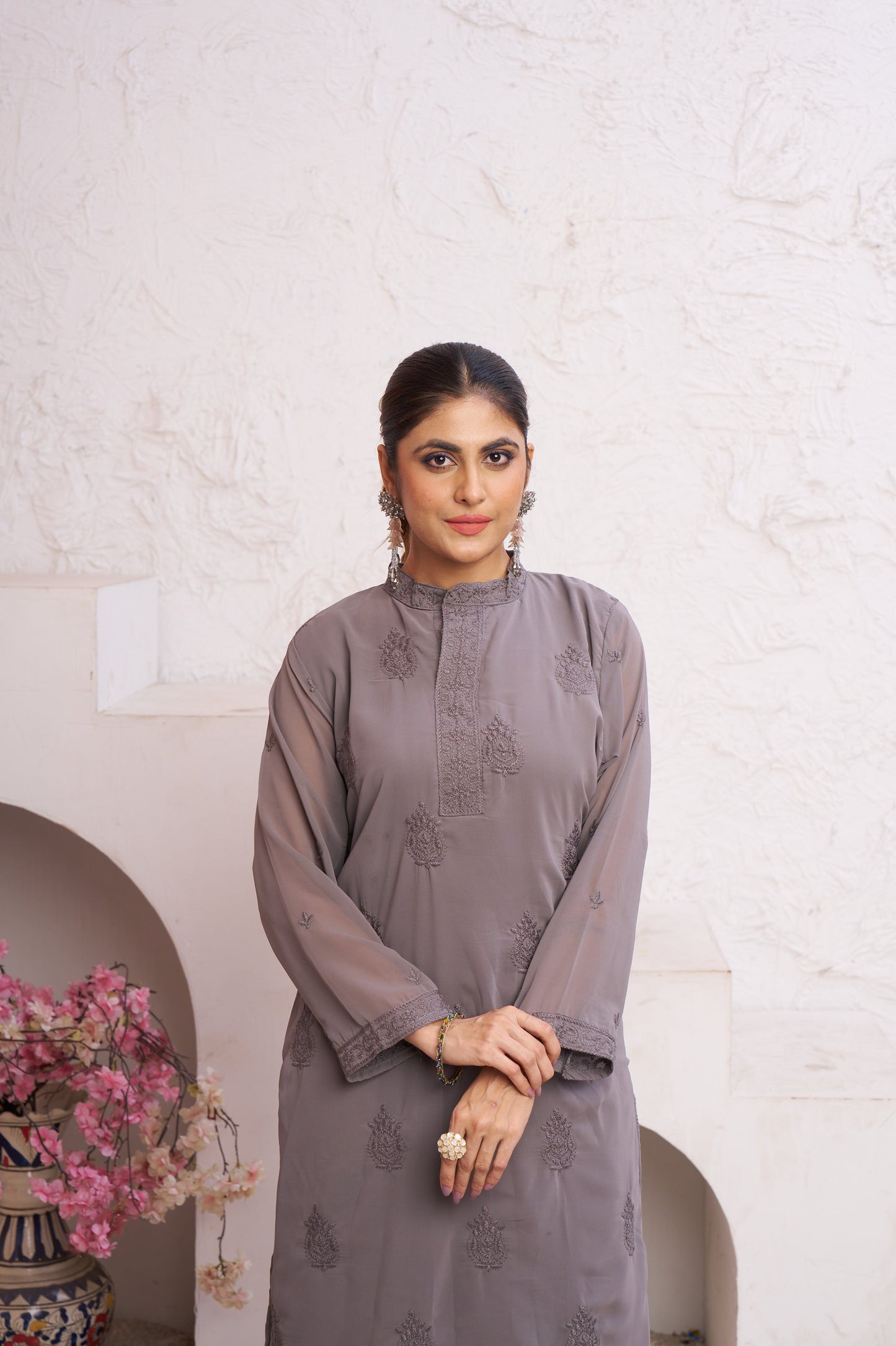 Jyoti Fashion Women's Grey Faux Georgette Embroidered Designer Kurta with Bottom | Swadesiicart