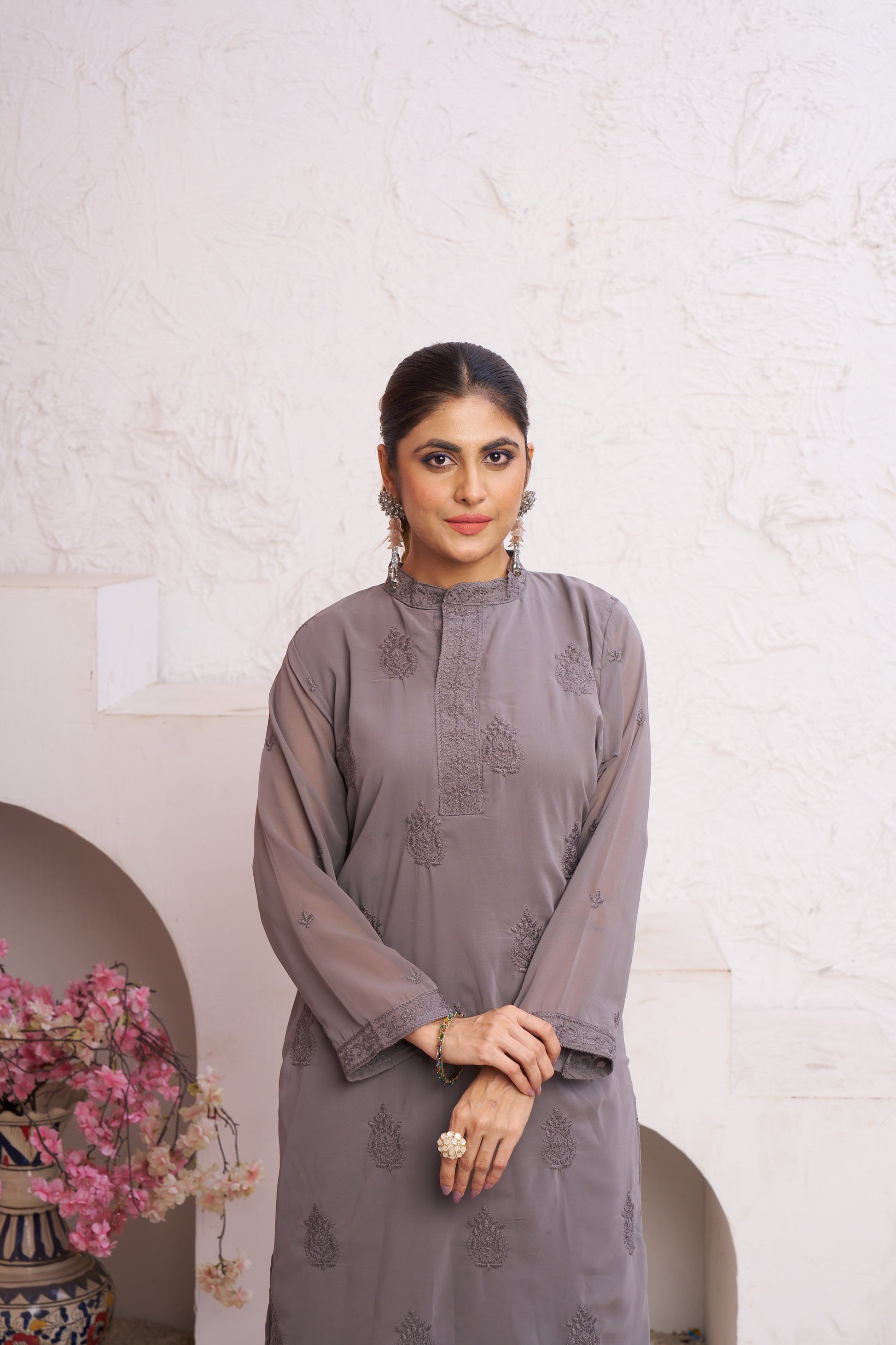 Jyoti Fashion Women's Grey Faux Georgette Embroidered Designer Kurta with Bottom | Swadesiicart
