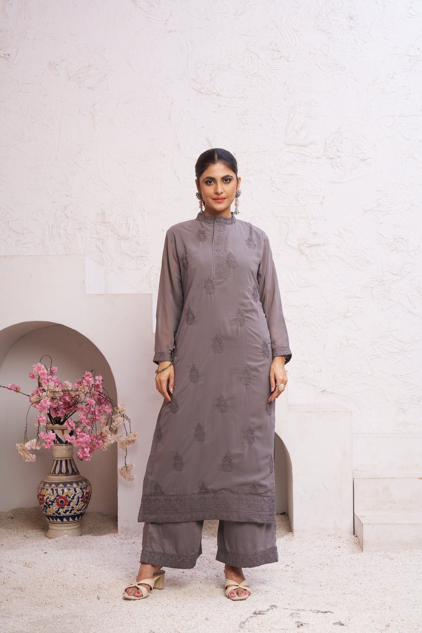Jyoti Fashion Women's Grey Faux Georgette Embroidered Designer Kurta with Bottom | Swadesiicart
