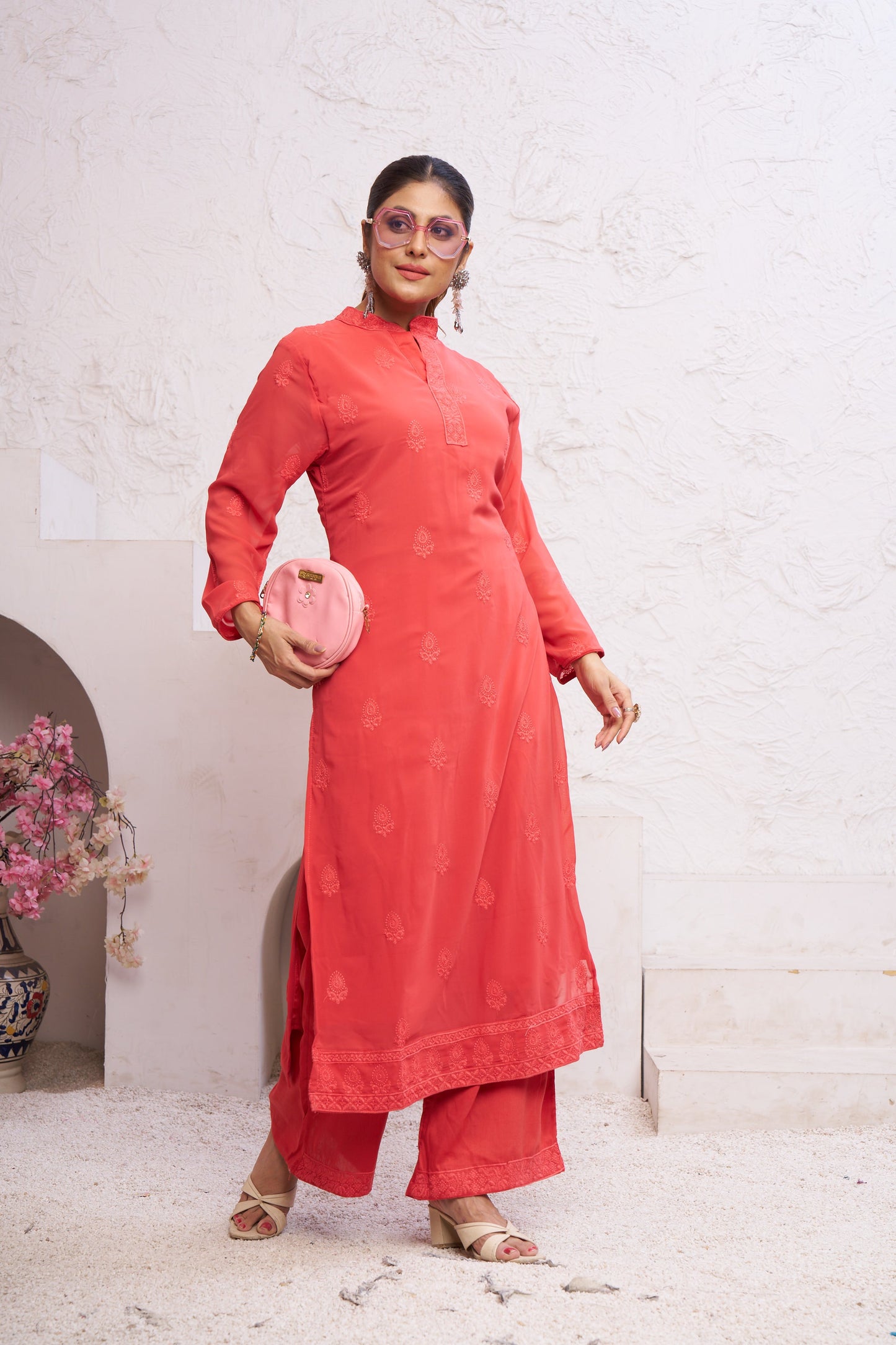 Jyoti Fashion Women's Orange Faux Georgette Embroidered Designer Kurta with Bottom | Swadesiicart