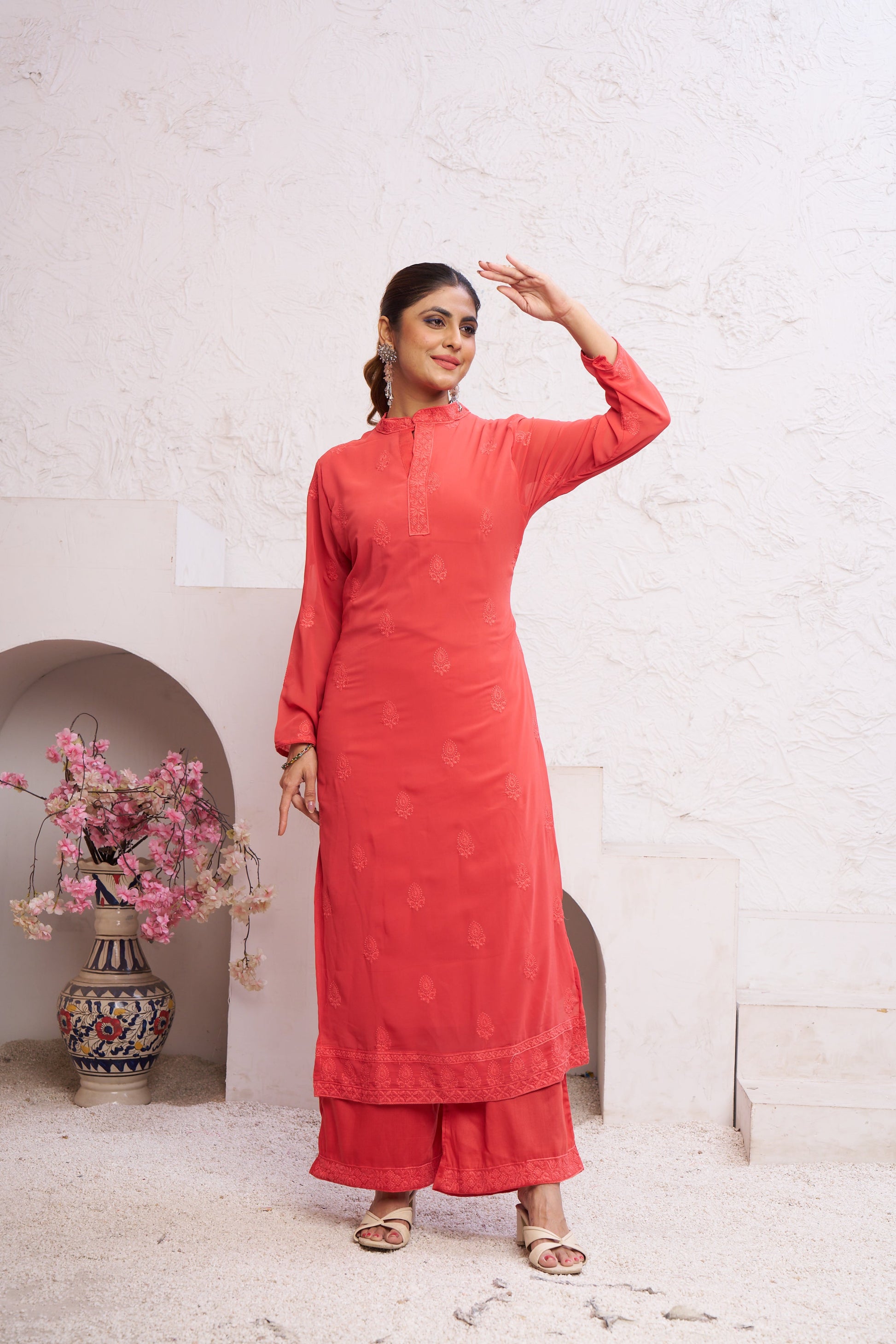 Jyoti Fashion Women's Orange Faux Georgette Embroidered Designer Kurta with Bottom | Swadesiicart