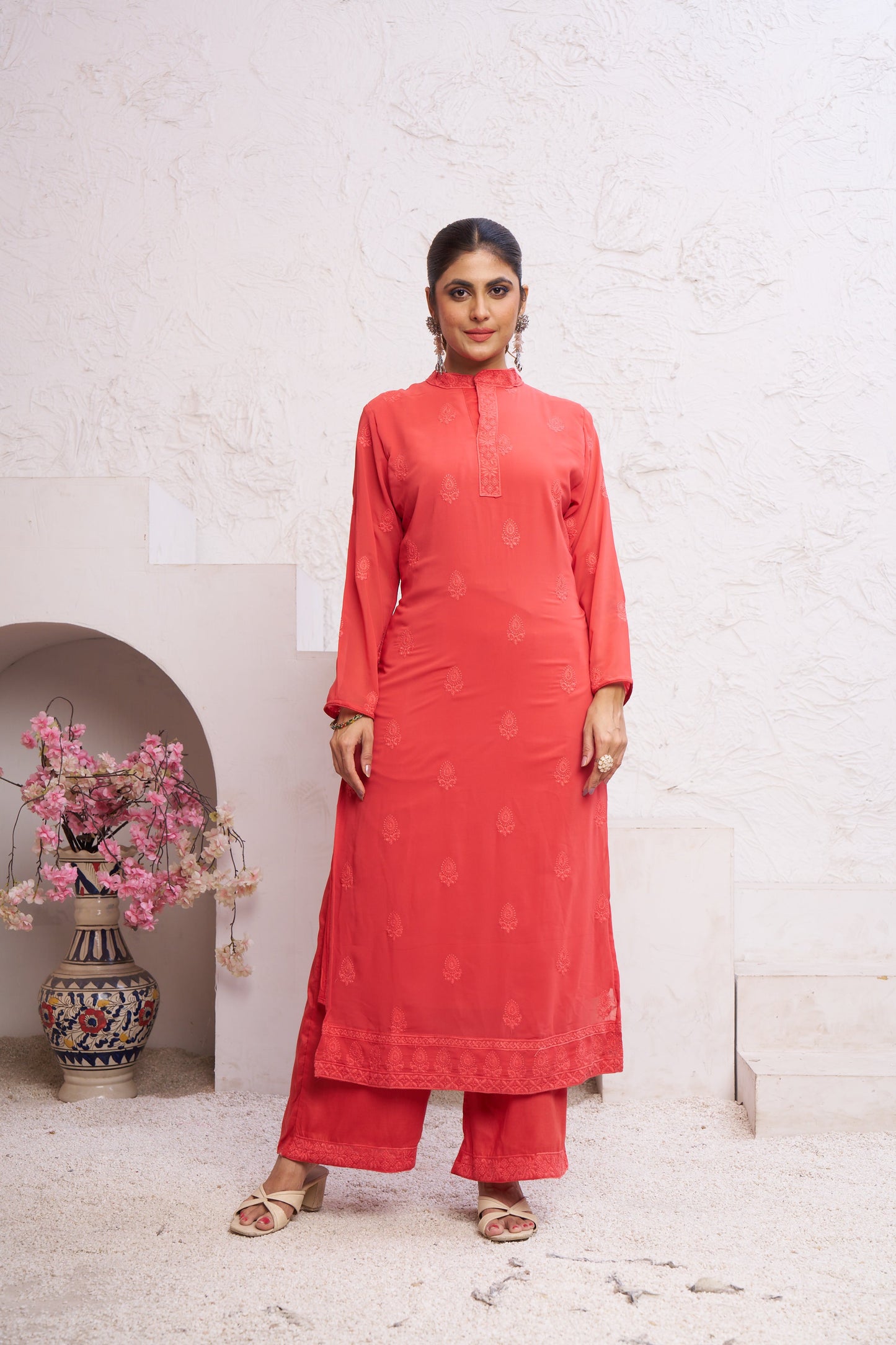 Jyoti Fashion Women's Orange Faux Georgette Embroidered Designer Kurta with Bottom | Swadesiicart