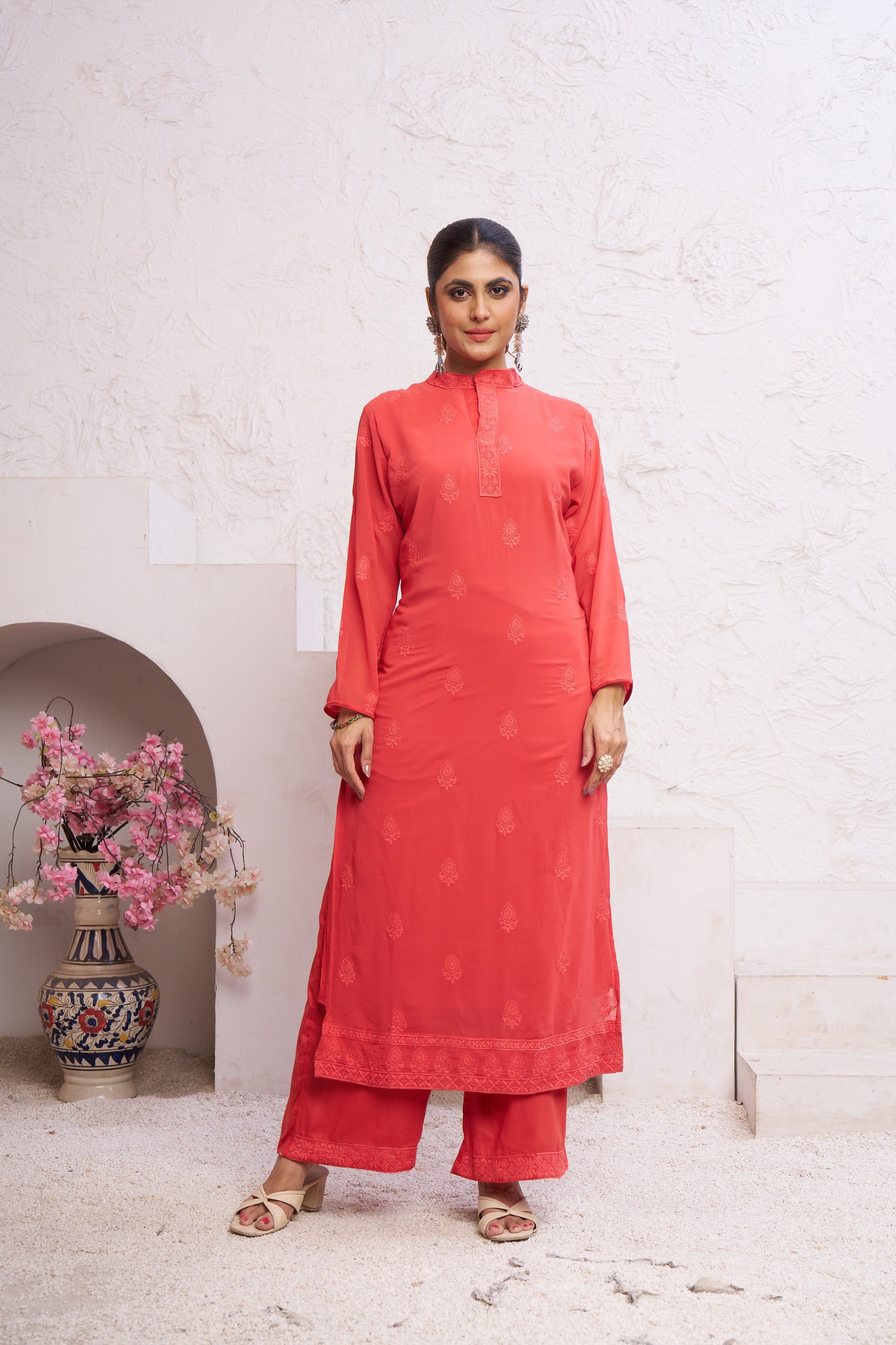 Jyoti Fashion Women's Orange Faux Georgette Embroidered Designer Kurta with Bottom | Swadesiicart