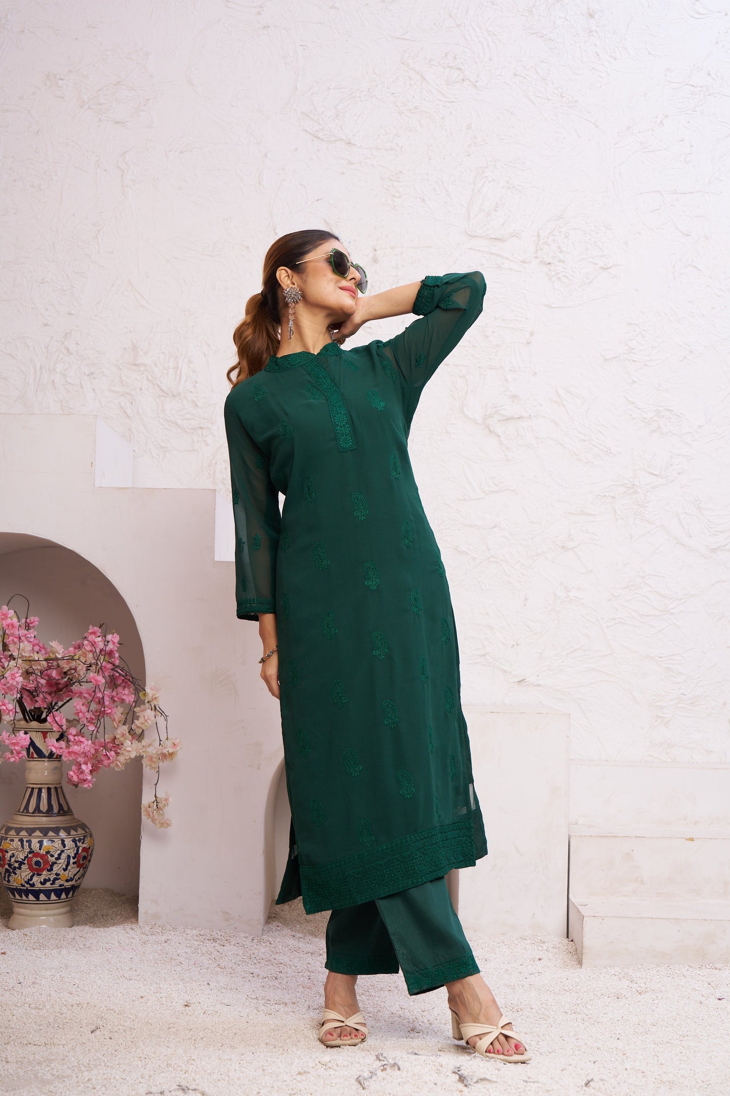 Jyoti Fashion Women's Bottle Green Faux Georgette Embroidered Designer Kurta with Bottom | Swadesiicart