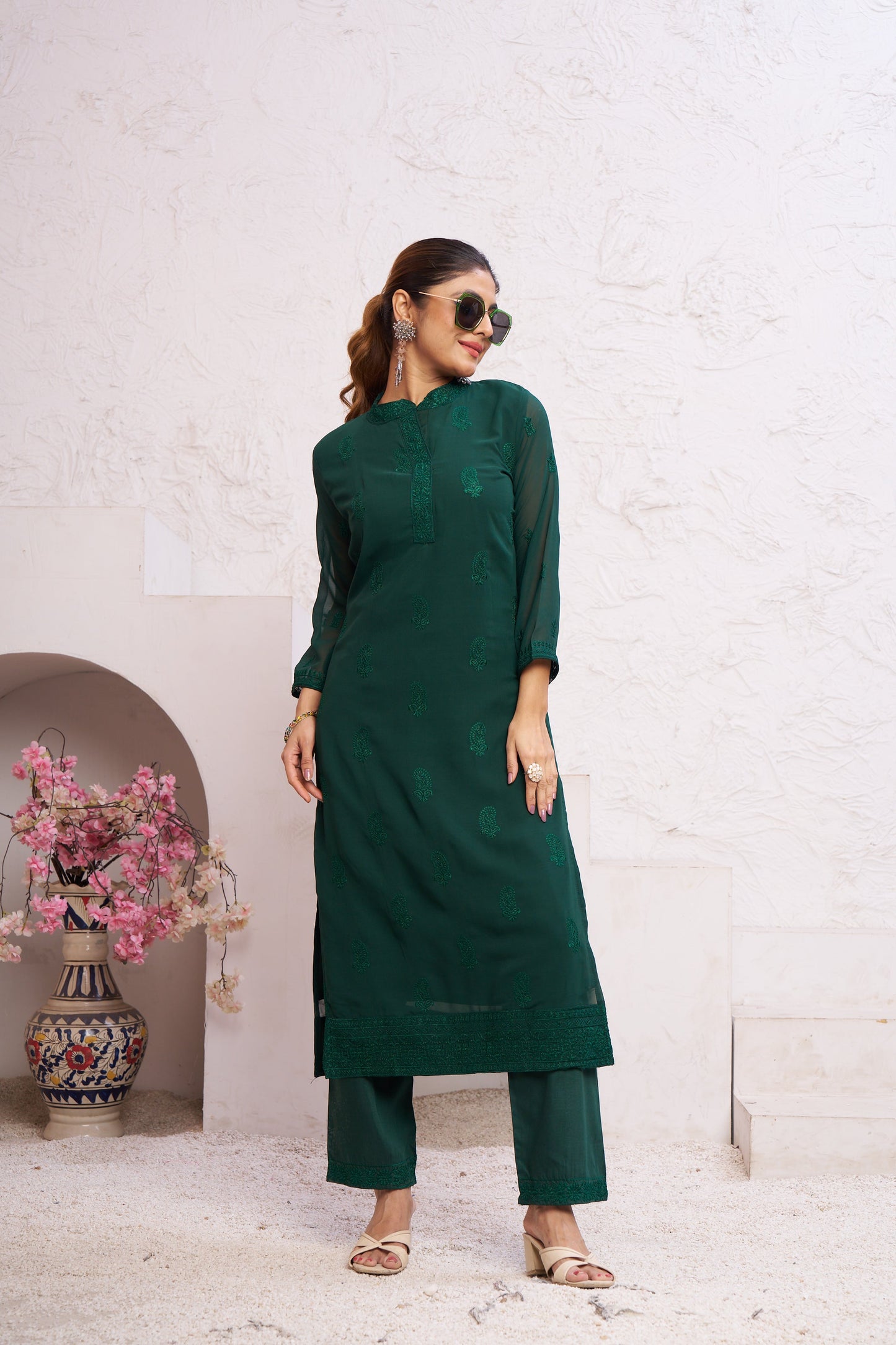 Jyoti Fashion Women's Bottle Green Faux Georgette Embroidered Designer Kurta with Bottom | Swadesiicart
