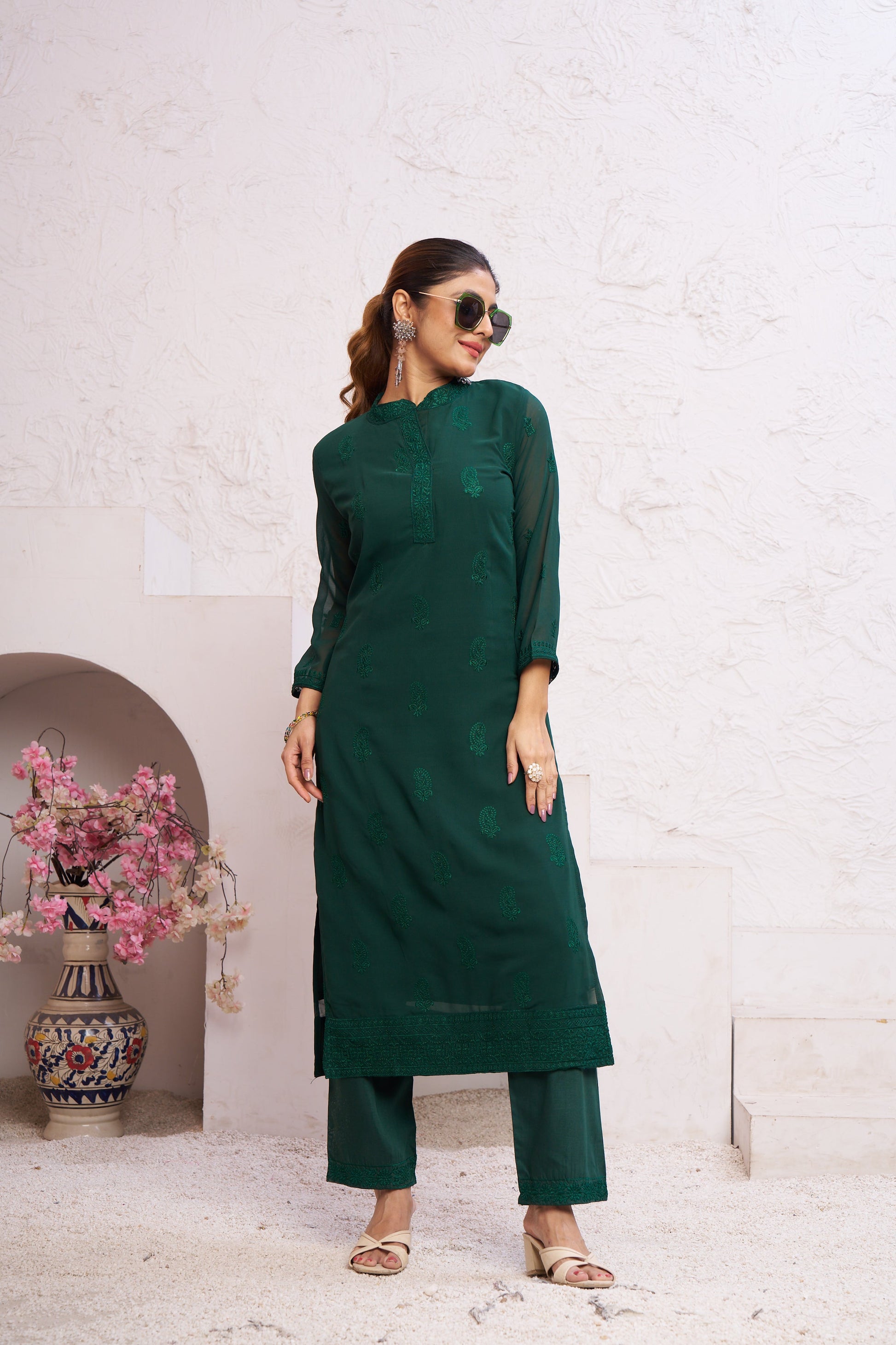 Jyoti Fashion Women's Bottle Green Faux Georgette Embroidered Designer Kurta with Bottom | Swadesiicart