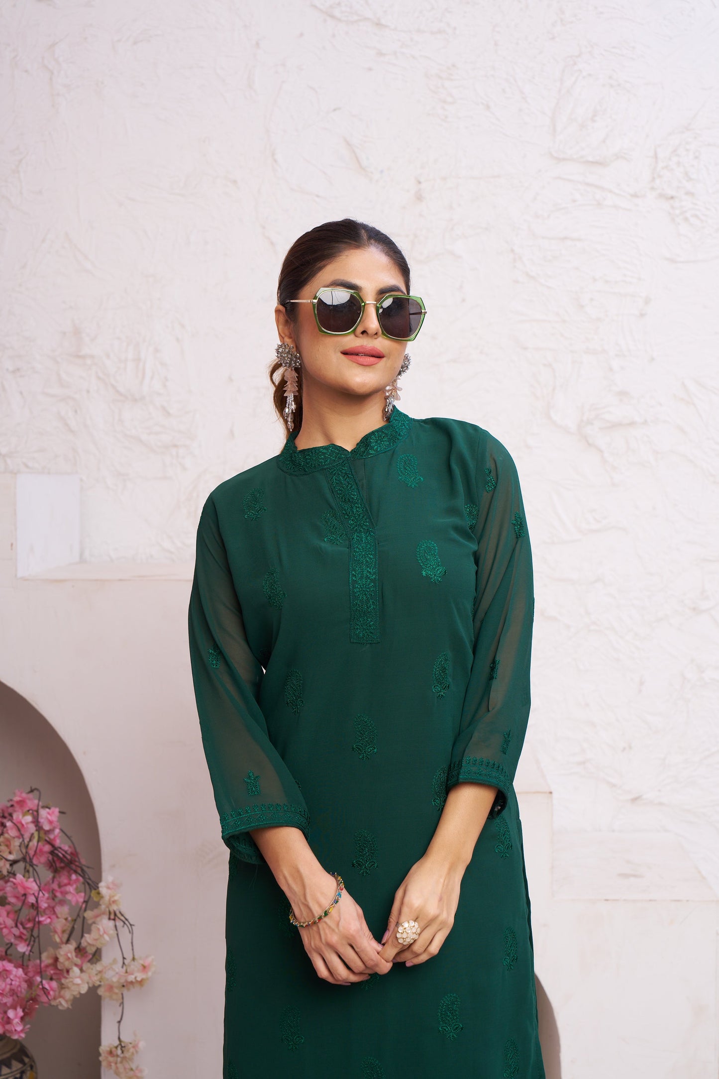 Jyoti Fashion Women's Bottle Green Faux Georgette Embroidered Designer Kurta with Bottom | Swadesiicart
