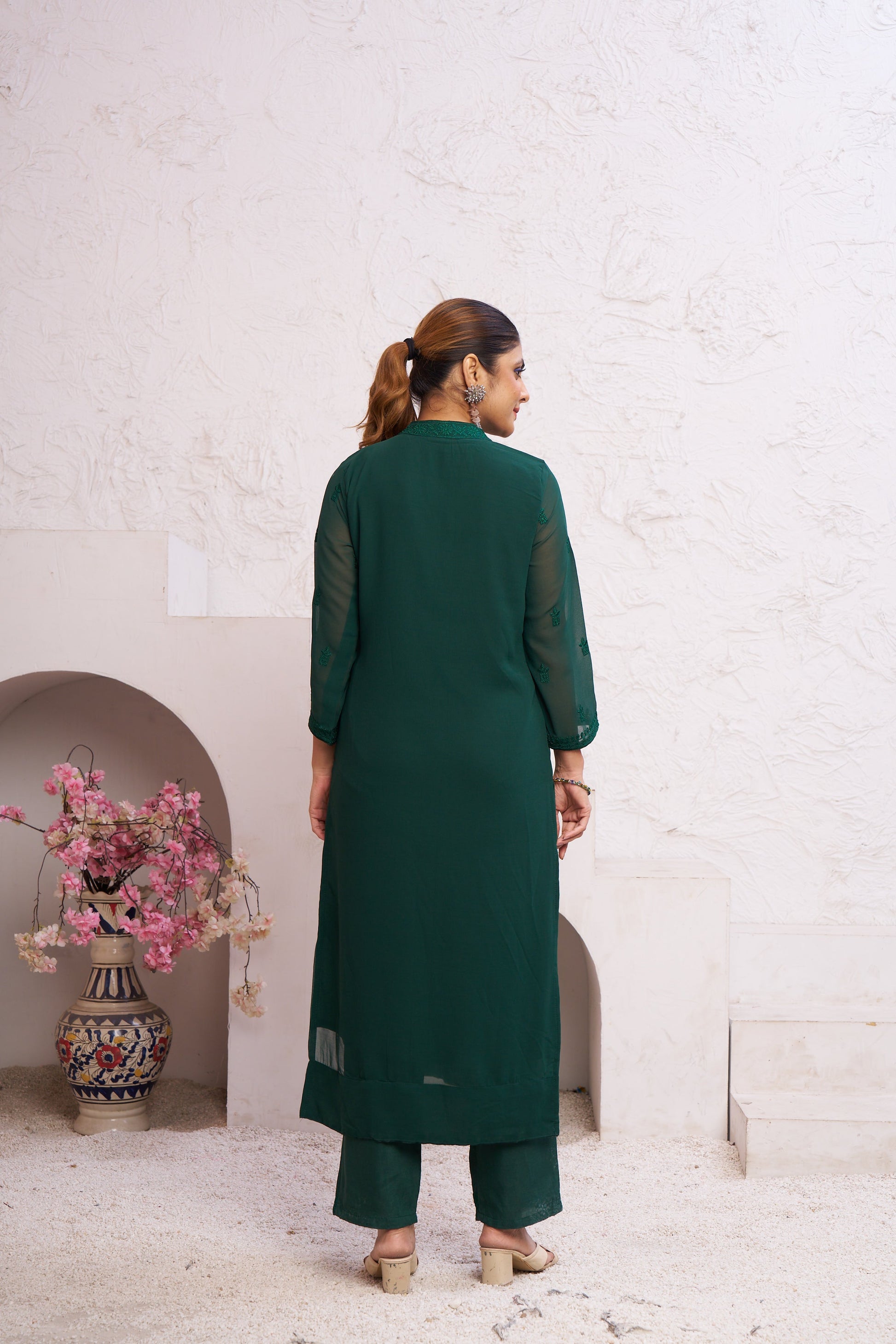 Jyoti Fashion Women's Bottle Green Faux Georgette Embroidered Designer Kurta with Bottom | Swadesiicart