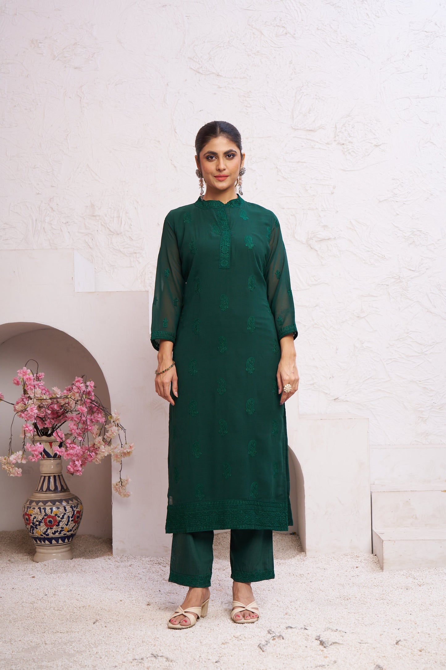 Jyoti Fashion Women's Bottle Green Faux Georgette Embroidered Designer Kurta with Bottom | Swadesiicart