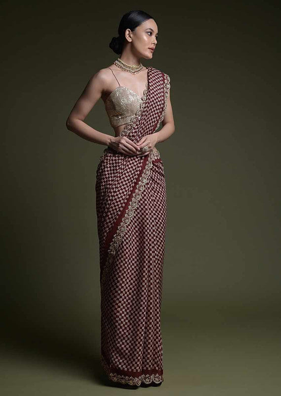 Jyoti Fashion Women's Wine Coding Sequence Chinon Saree with Blouse | Swadesiicart