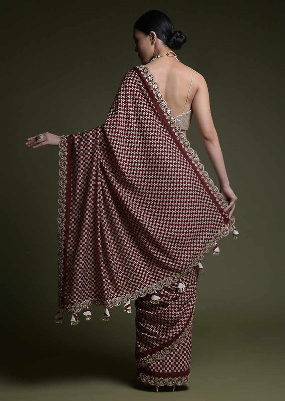 Jyoti Fashion Women's Wine Coding Sequence Chinon Saree with Blouse | Swadesiicart