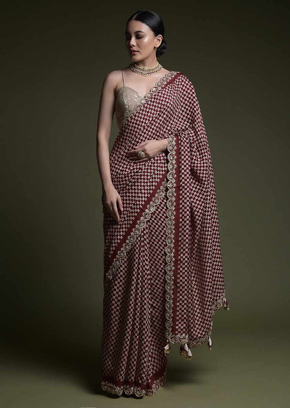Jyoti Fashion Women's Wine Coding Sequence Chinon Saree with Blouse | Swadesiicart