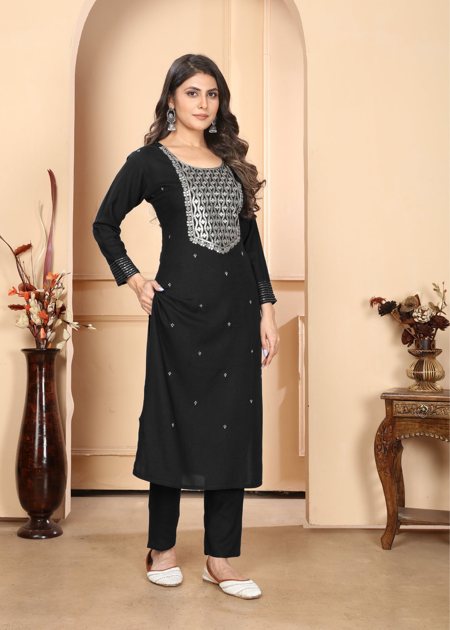 Jyoti Fashion Women's Black Rayon Sequins Embroidered Designer Kurta Set with Dupatta | Swadesiicart