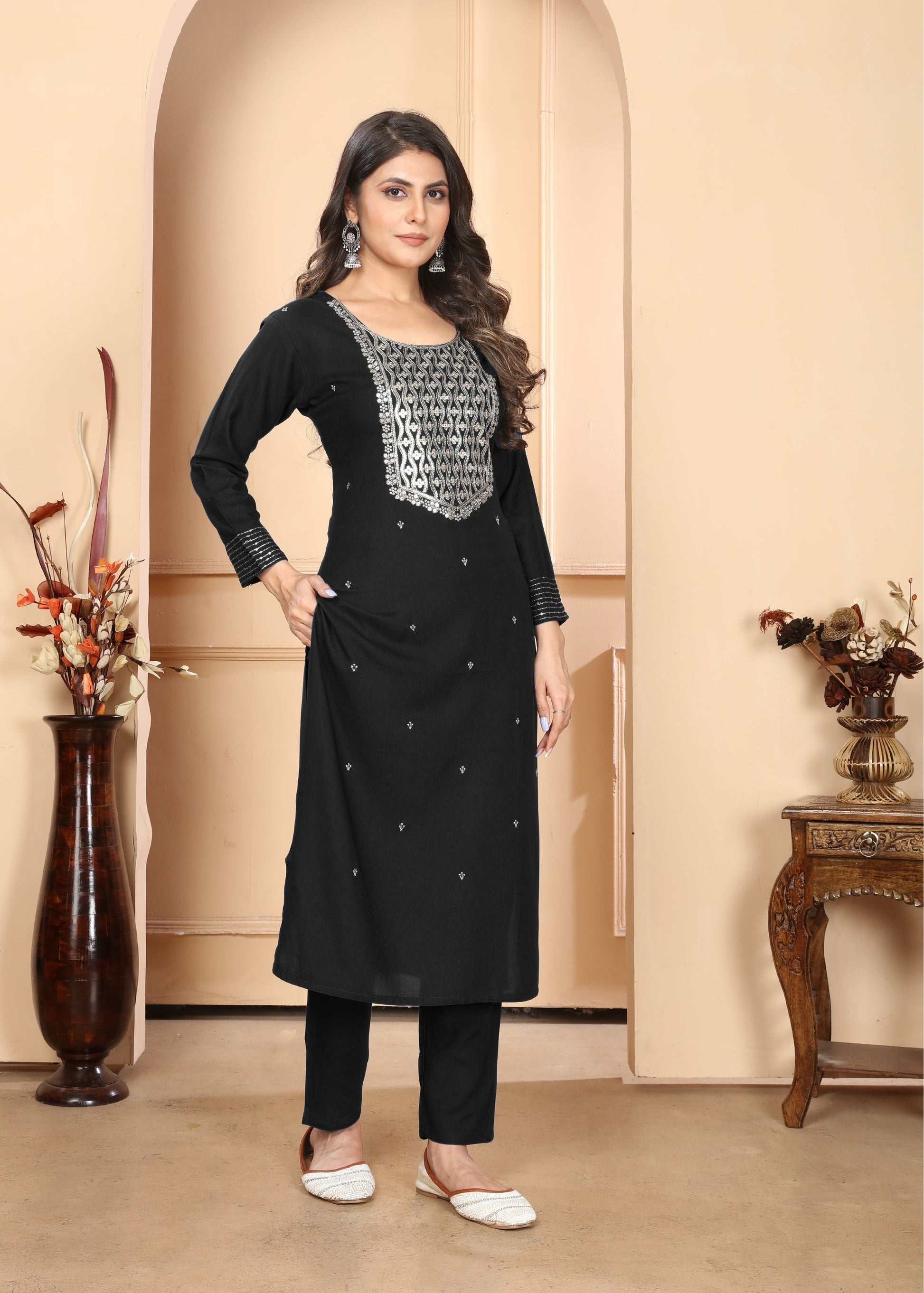Jyoti Fashion Women's Black Rayon Sequins Embroidered Designer Kurta Set with Dupatta | Swadesiicart