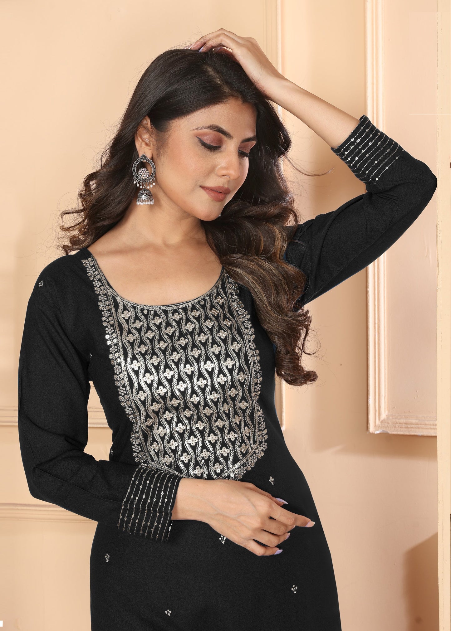 Jyoti Fashion Women's Black Rayon Sequins Embroidered Designer Kurta Set with Dupatta | Swadesiicart