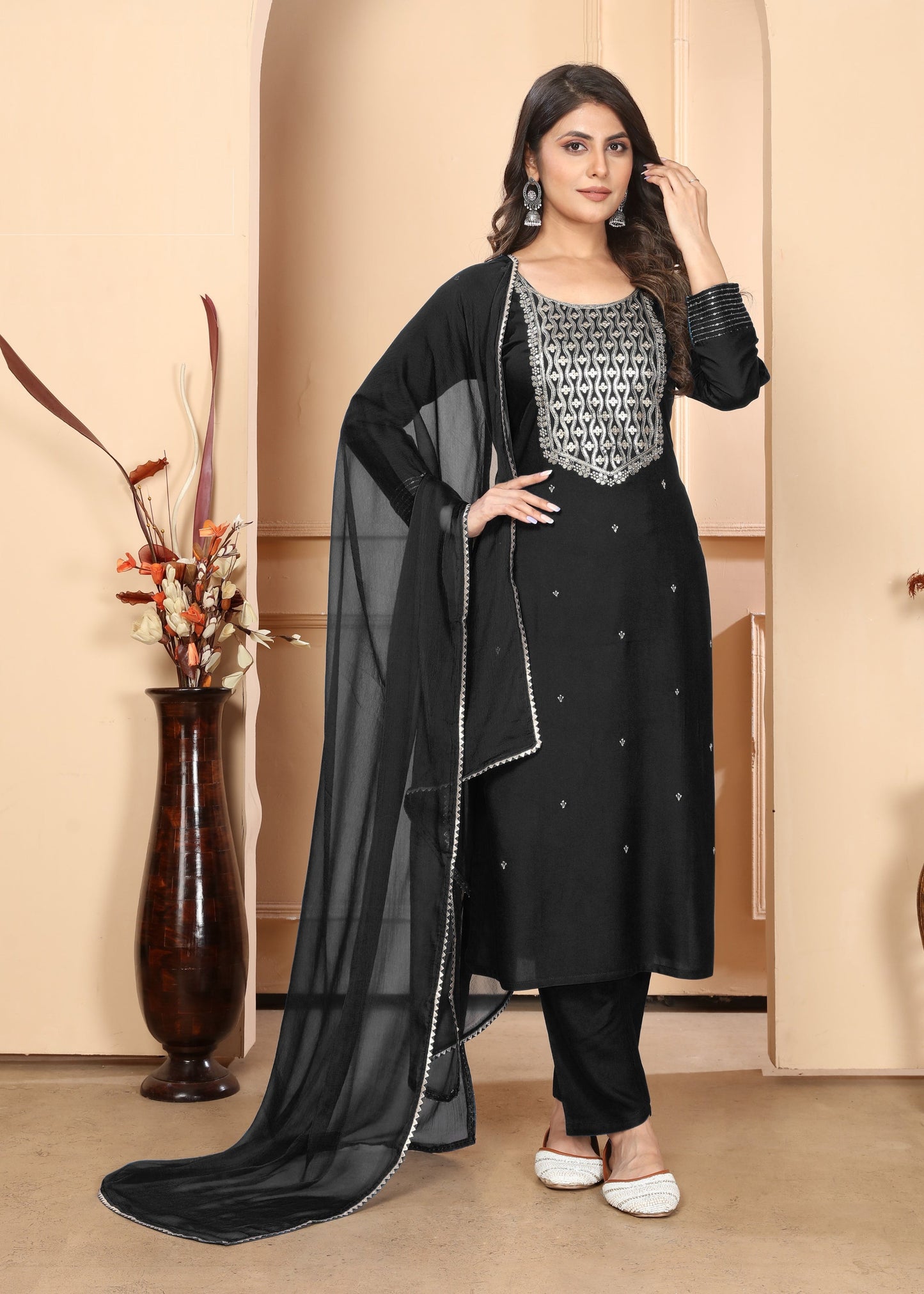 Jyoti Fashion Women's Black Rayon Sequins Embroidered Designer Kurta Set with Dupatta | Swadesiicart