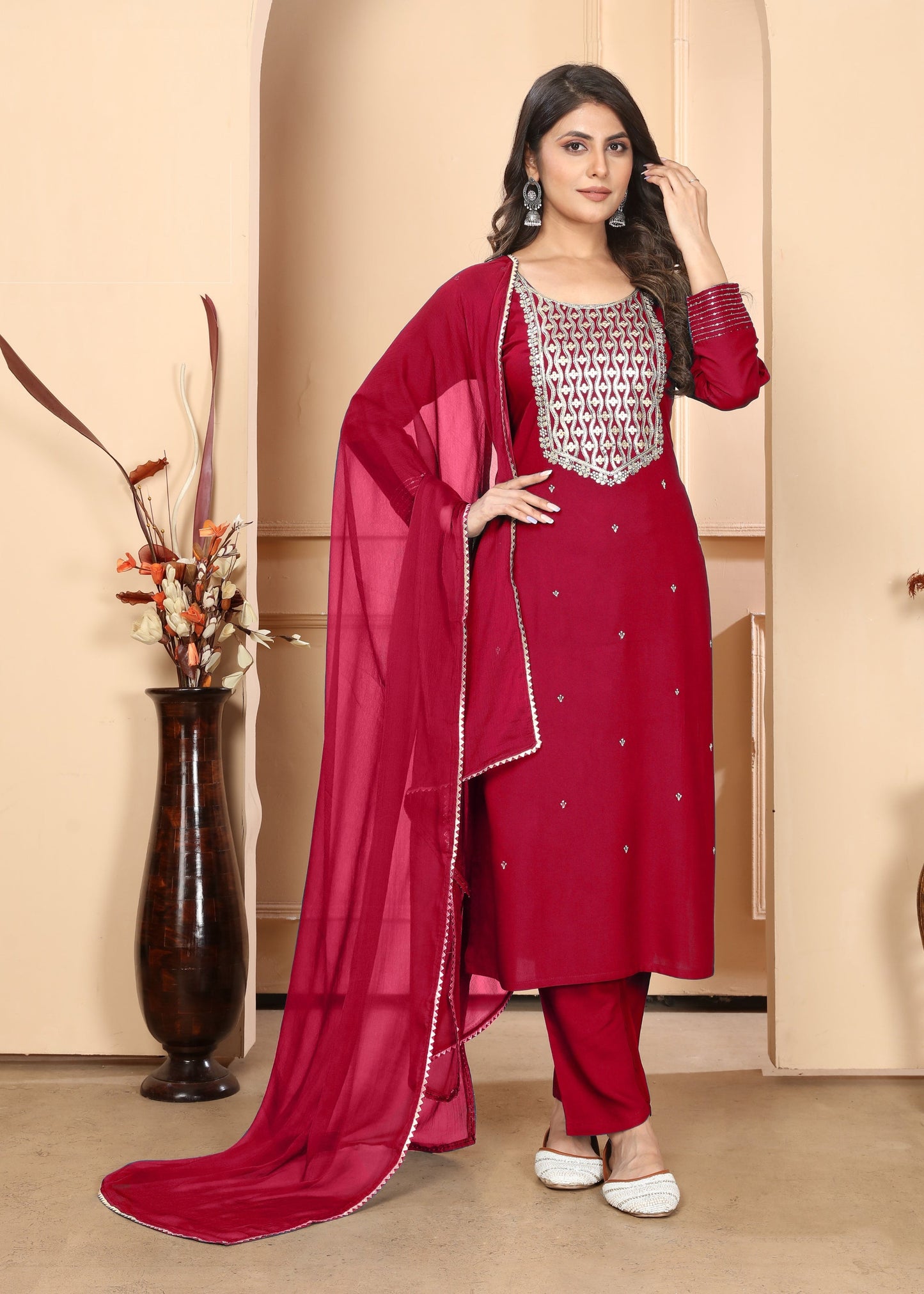 Jyoti Fashion Women's Rani Pink Rayon Sequins Embroidered Designer Kurta Set with Dupatta | Swadesiicart