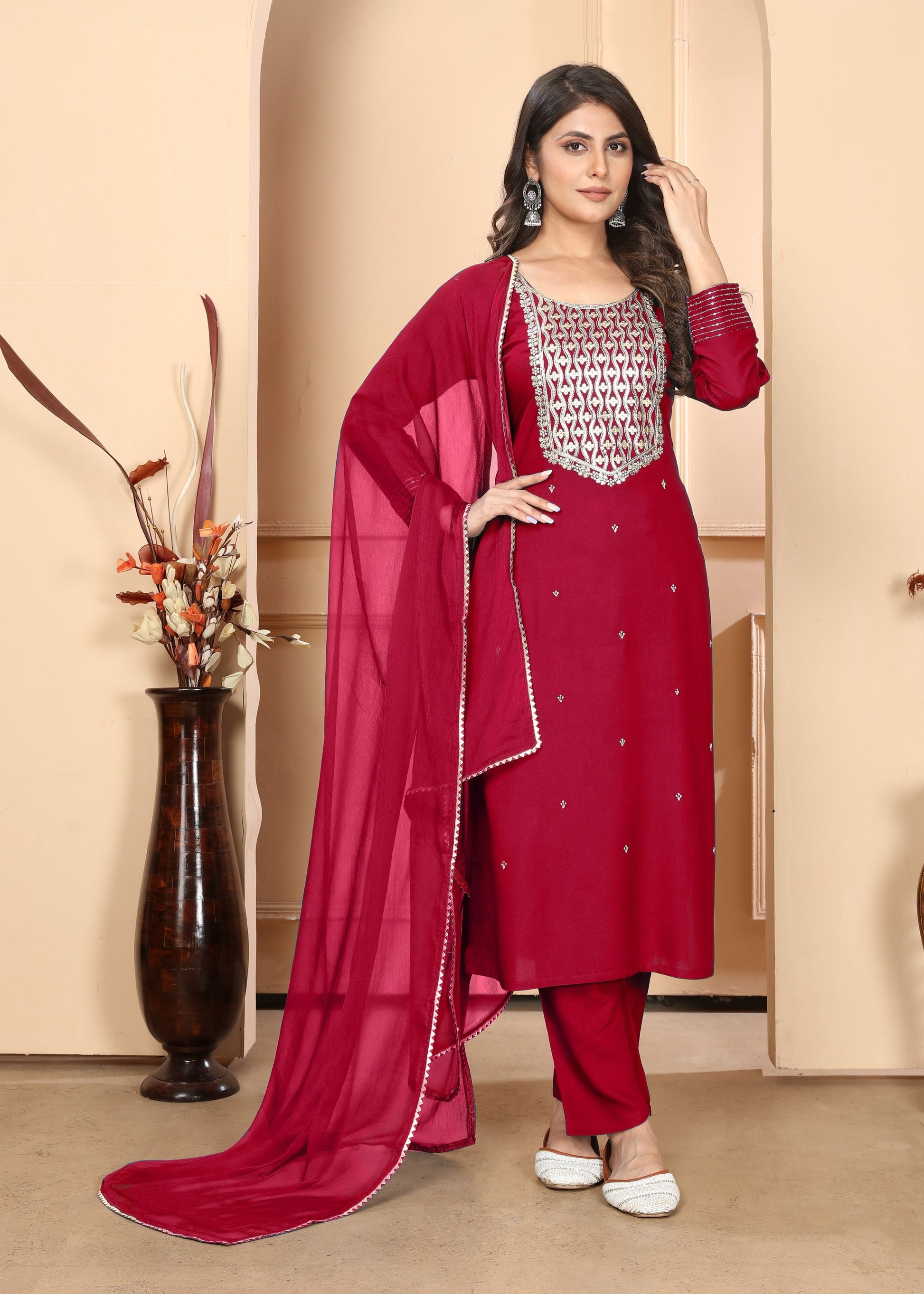 Jyoti Fashion Women's Rani Pink Rayon Sequins Embroidered Designer Kurta Set with Dupatta | Swadesiicart