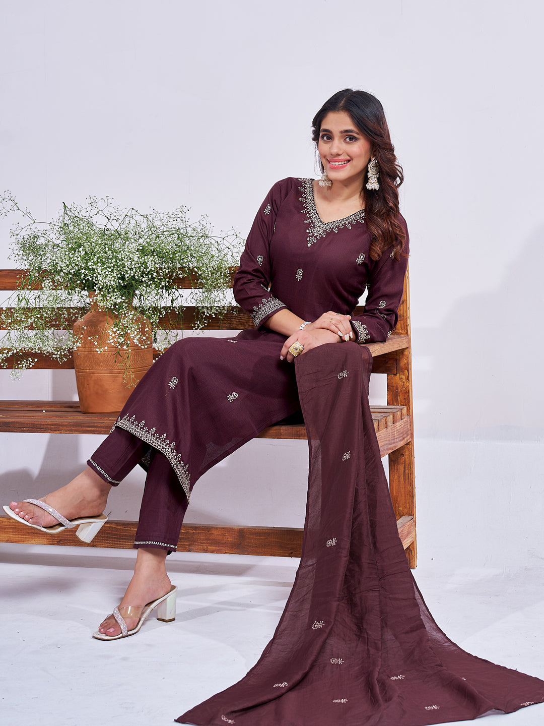 Jyoti Fashion Women's Coffee Rayon Embroidered Designer Kurta Set with Dupatta - Swadesiicart
